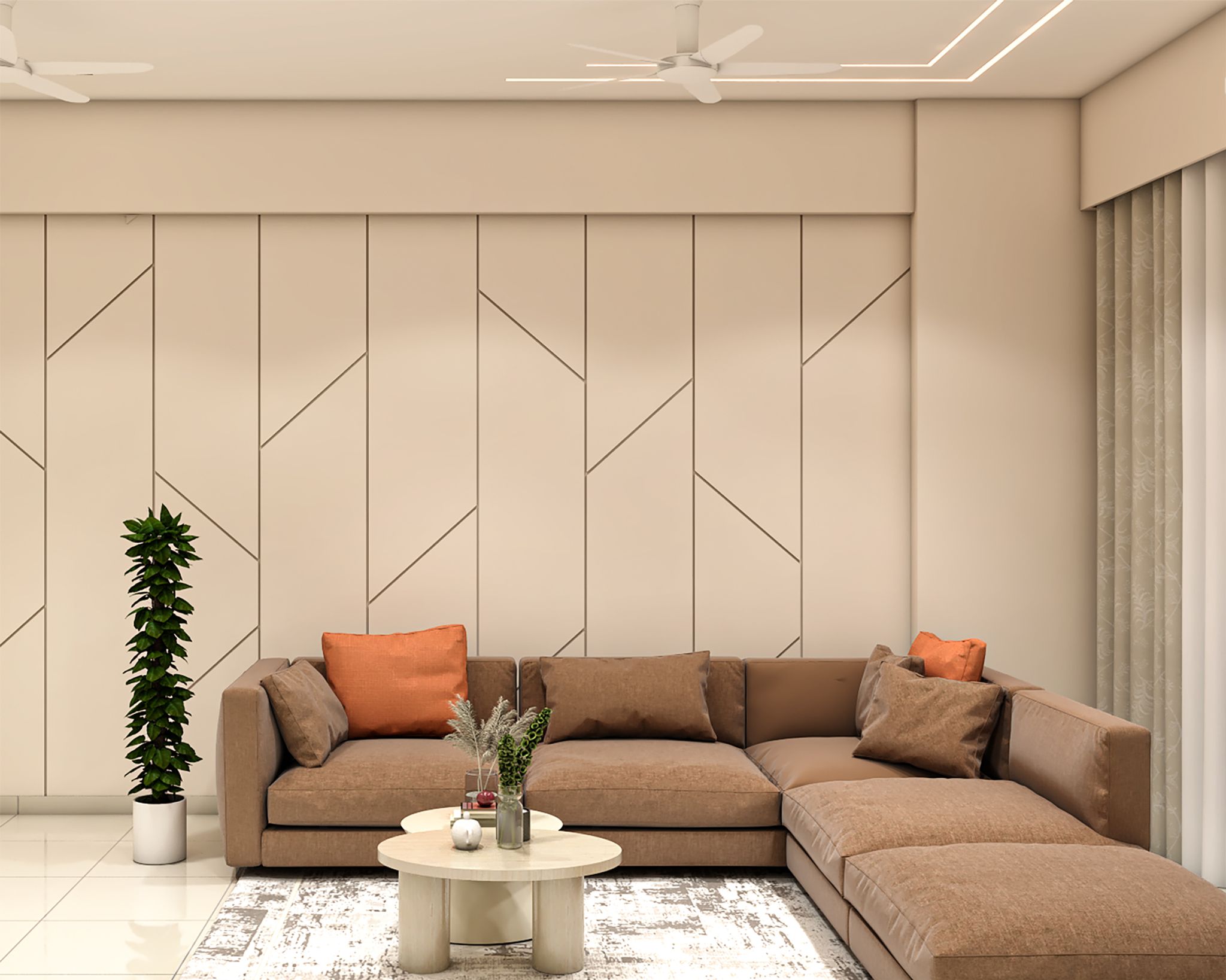 Modern Living Room Design with Brown L-Shaped Sofa and Coffee Table ...