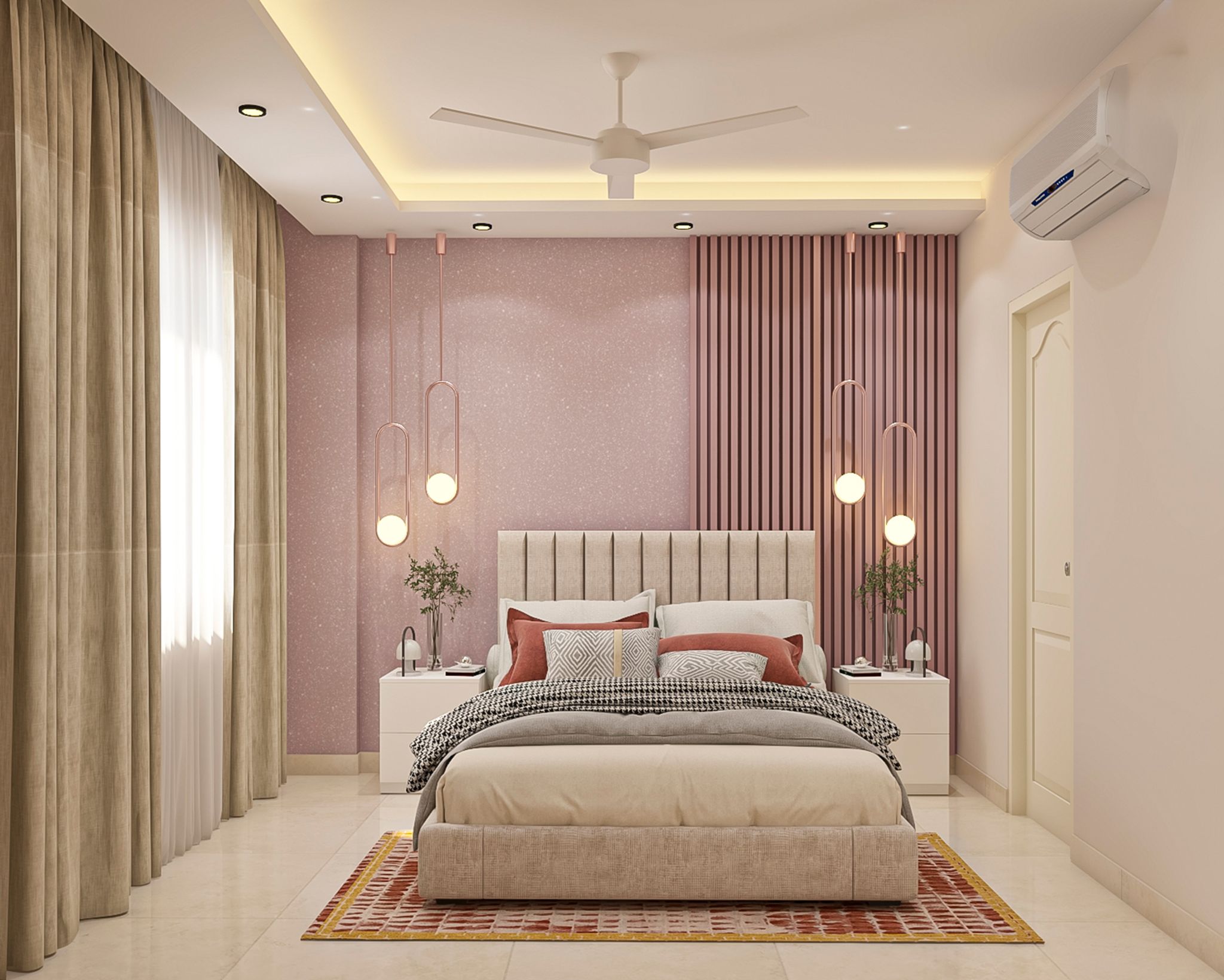 Modern Dual Tone Master Bedroom Design with Fluted Panels and Queen Bed ...