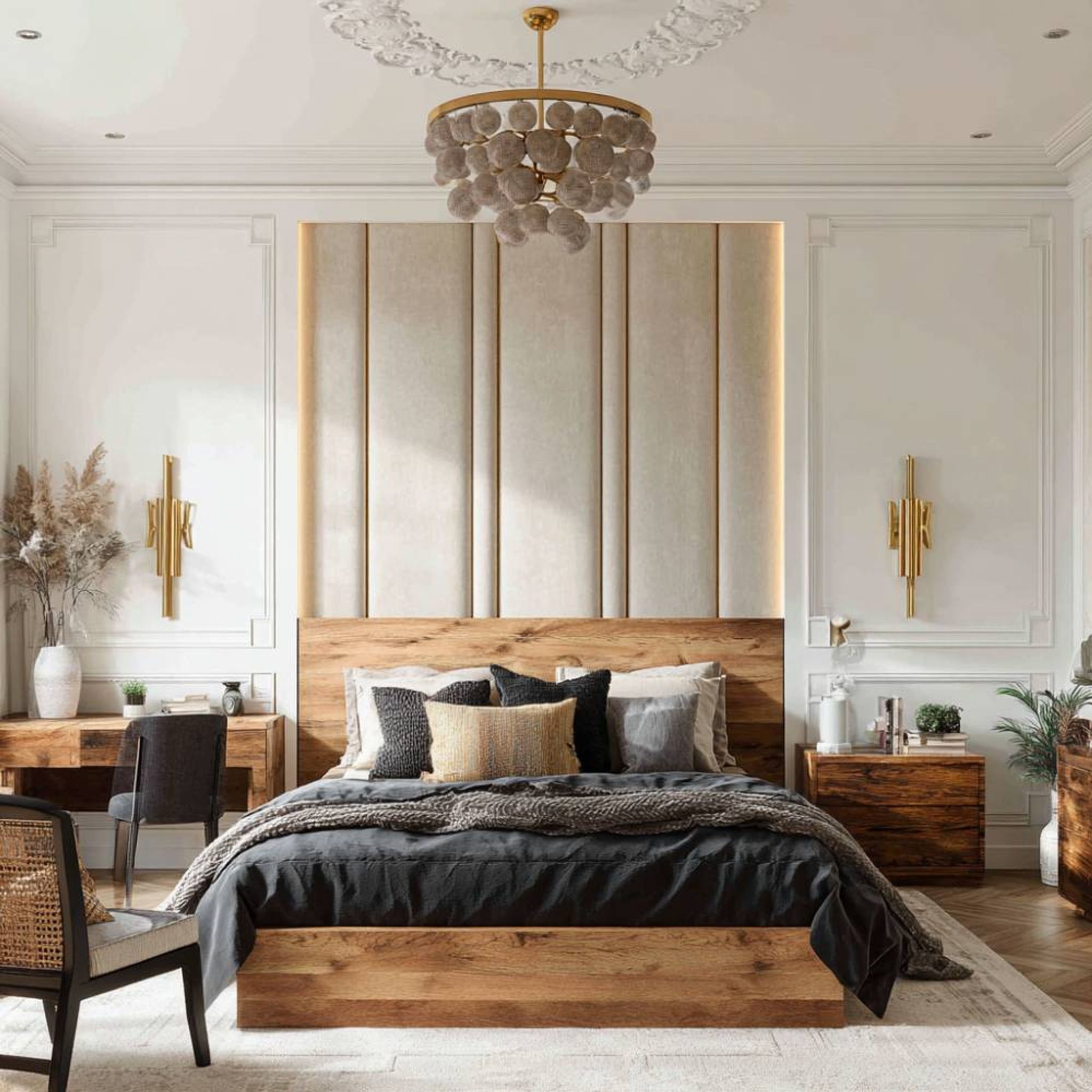 Contemporary Master Bedroom Design with Paneled Feature Wall | Livspace