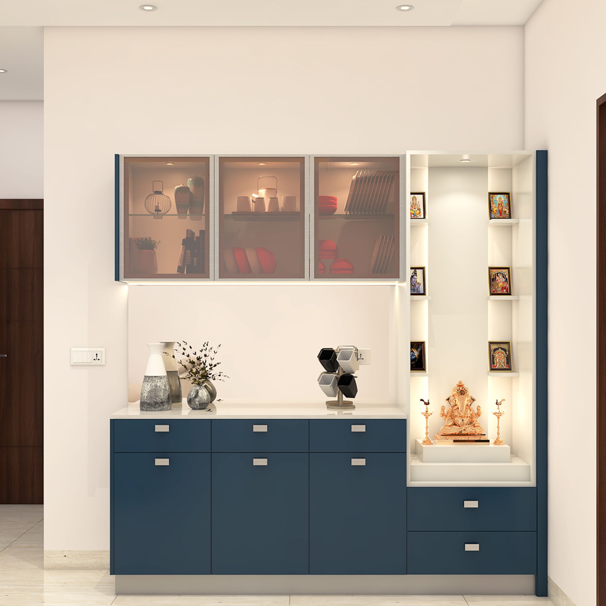 Floor-Mounted Modern Pooja Design with Drawers and Backlit Glass ...