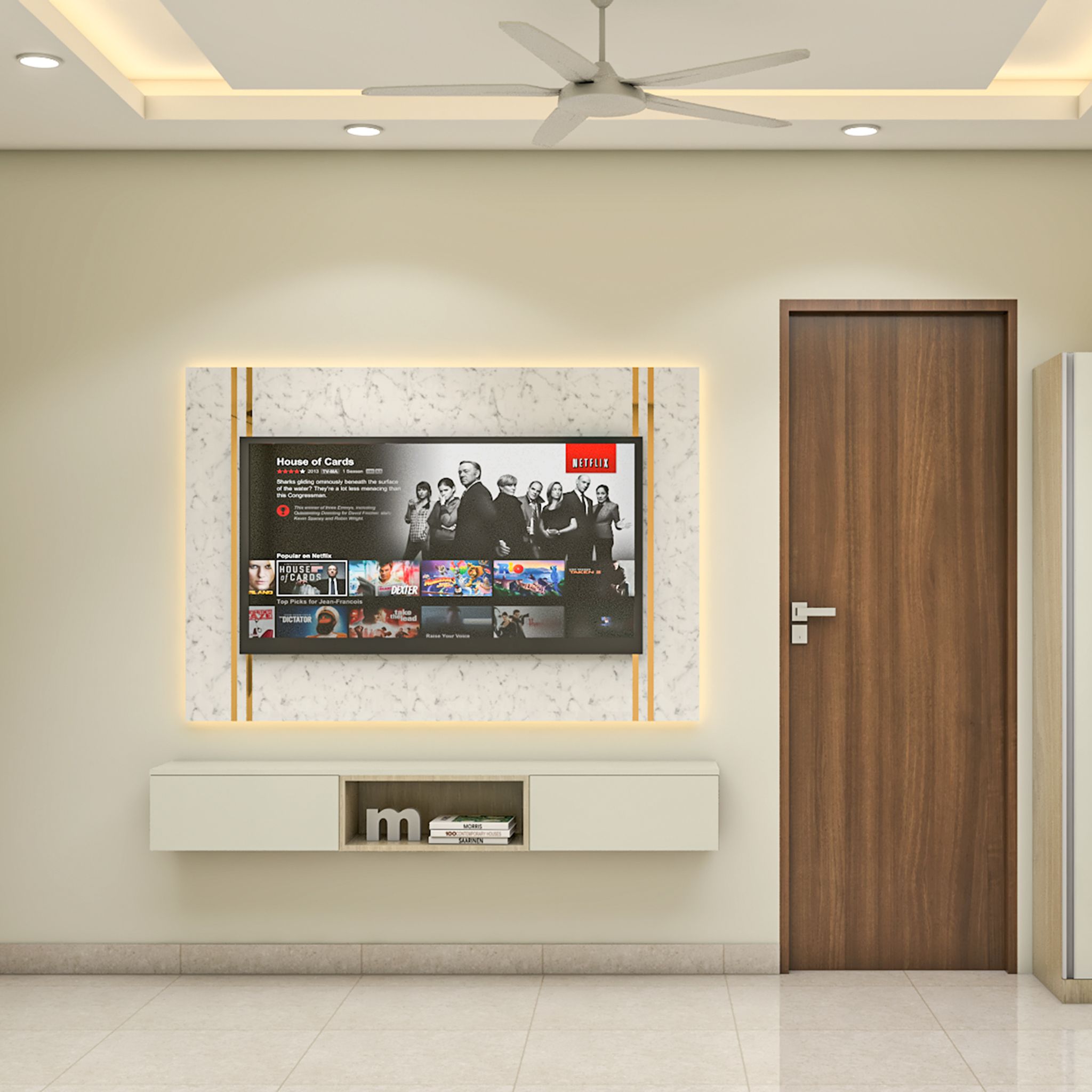 Contemporary Marble Accent White TV Unit Design with Golden LED Straps ...