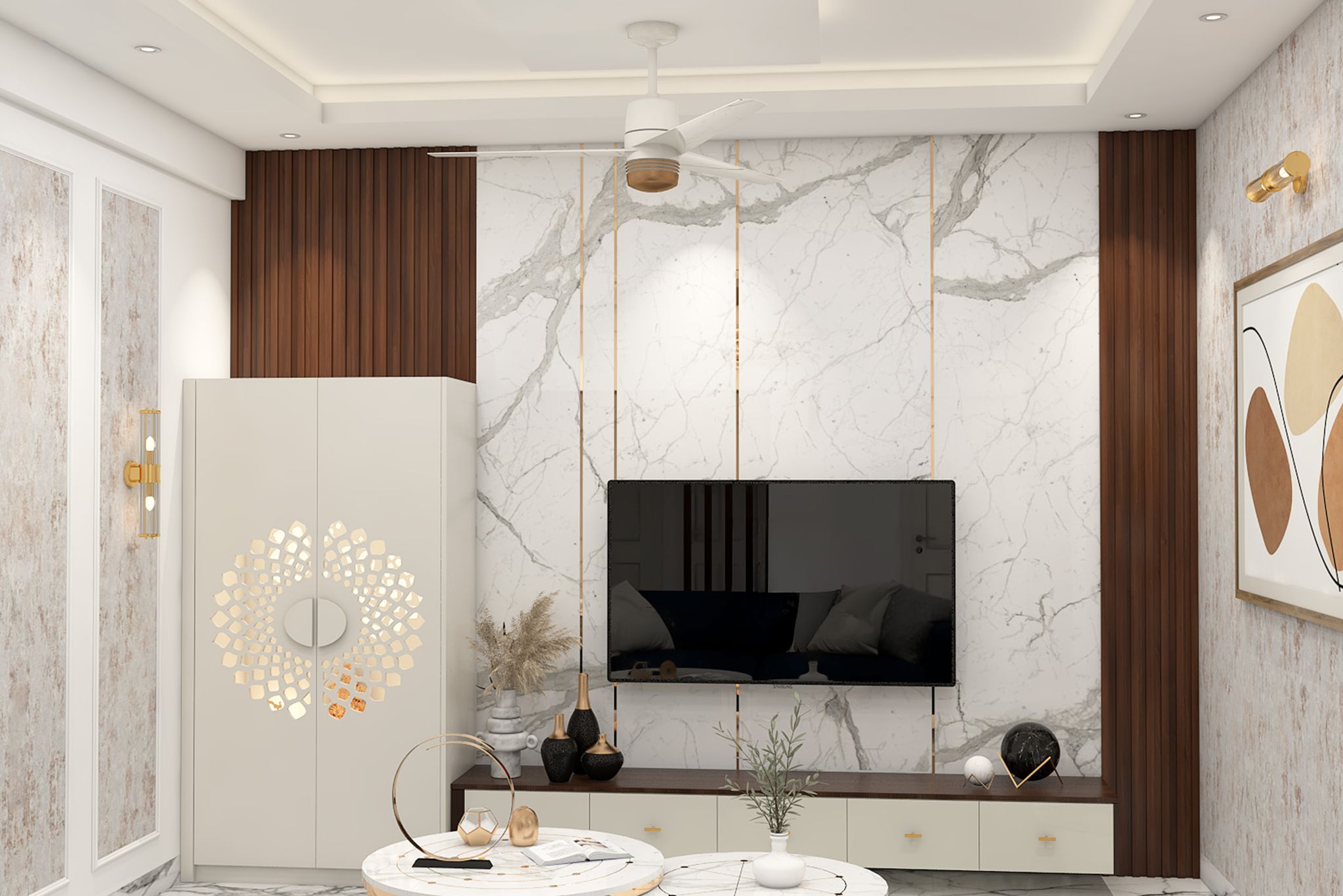 Contemporary Champagne and Walnut TV Unit Design with Luxe Panel ...