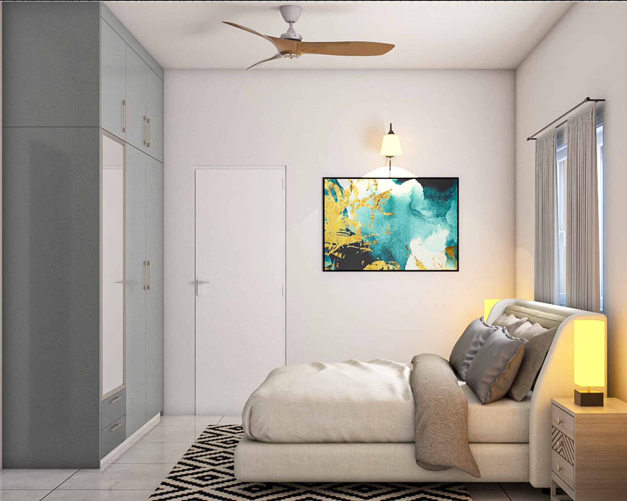 Modern Bedroom with Curved Tufted Headboard And Grey Wardrobe | Livspace