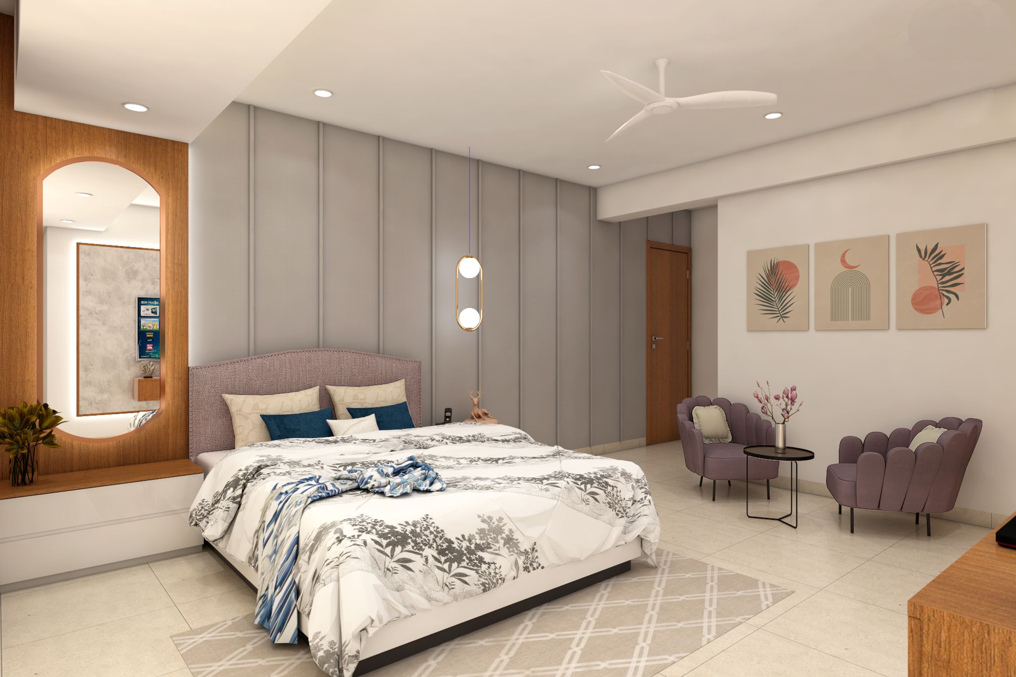 Master Bedroom With Large Grey Accent Wall And Wooden Panelled Mirror ...