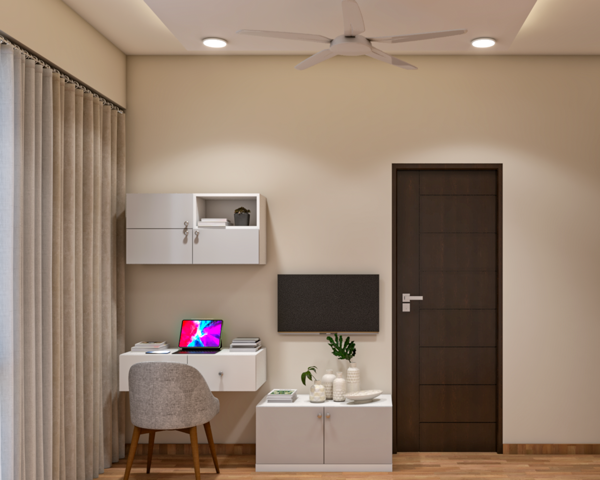 Modern Compact Master Bedroom Design With Beige Toned Interiors | Livspace