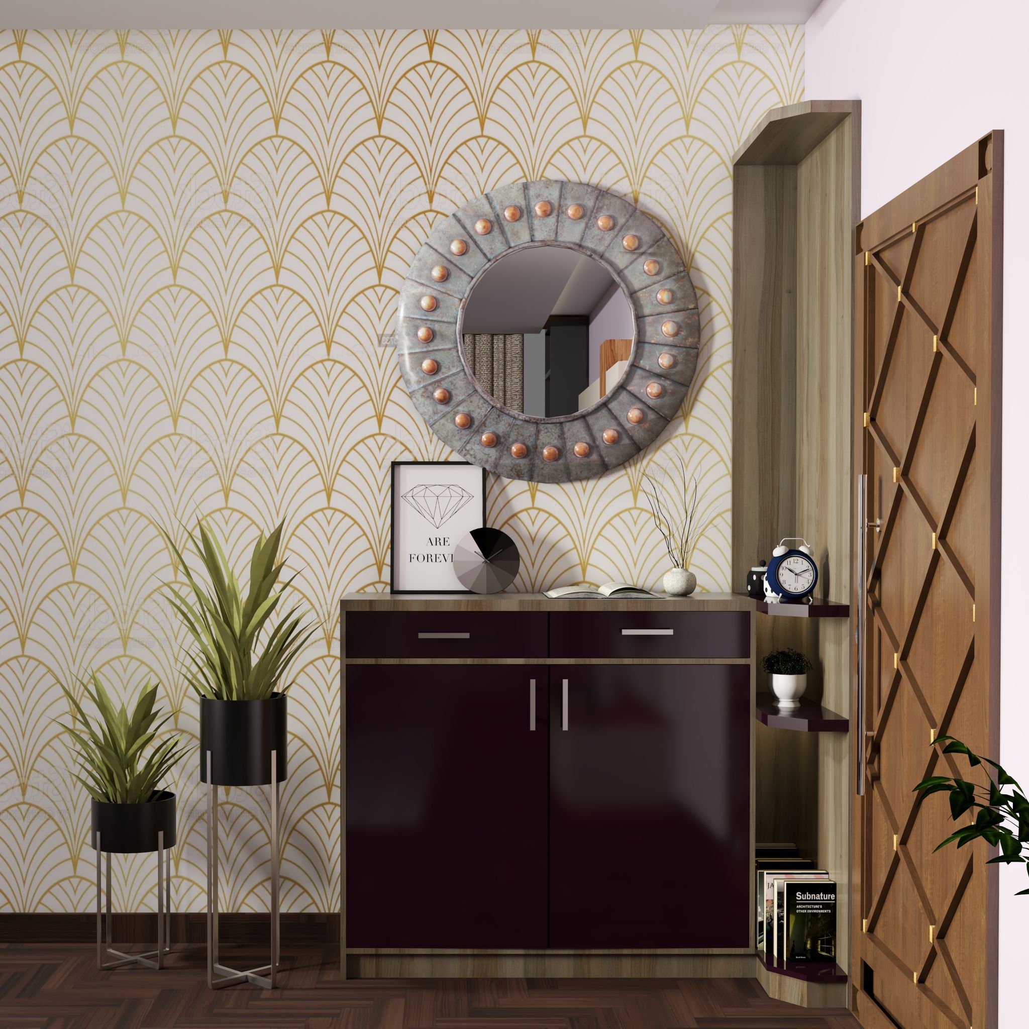 Image showcasing White And Brown Wallpaper Design With A Mirror | Livspace