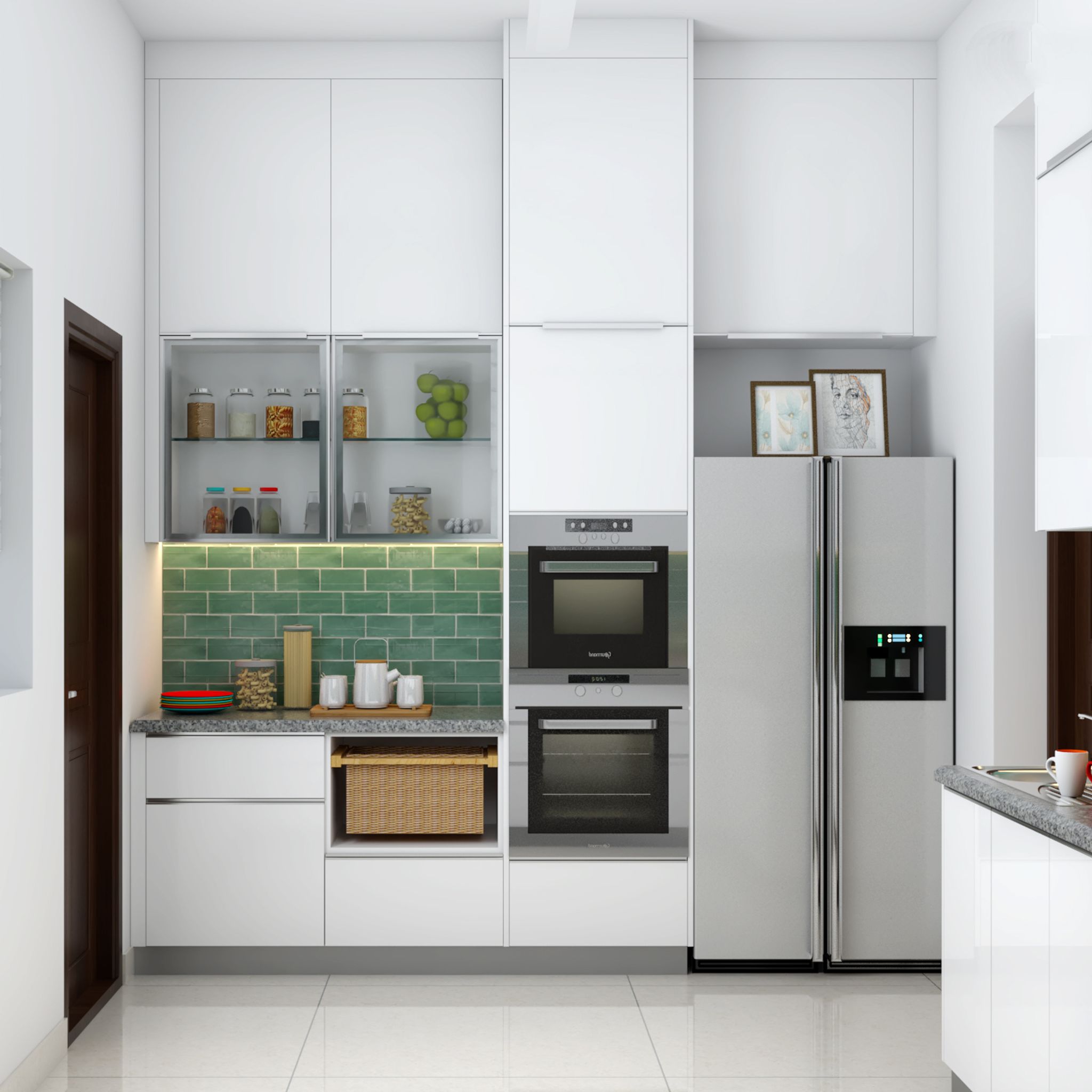 L-Shaped White Modular Kitchen Design With Dado Tiles - Livspace