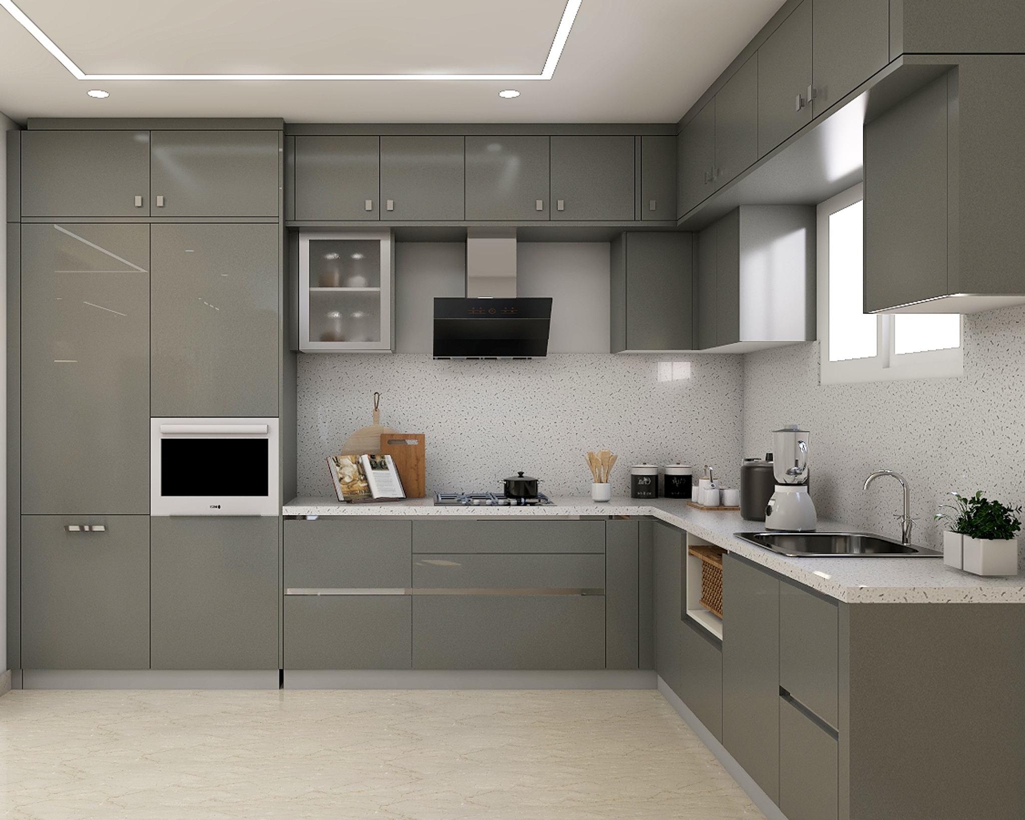 Grey And White L-Shaped Modern Kitchen Design - Livspace