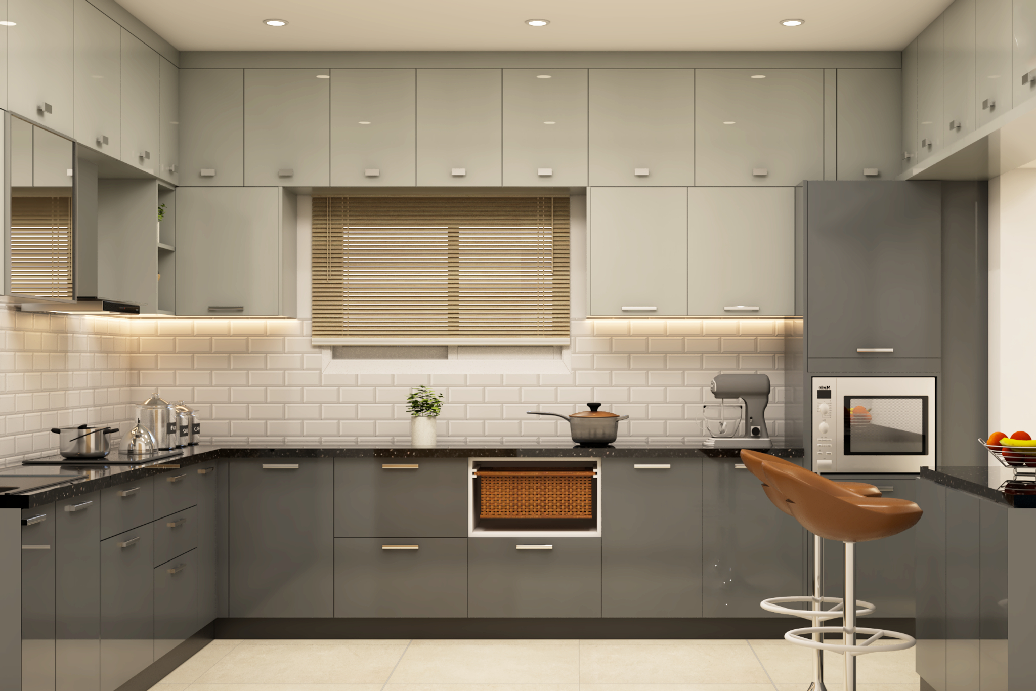 Modular Spacious Kitchen Design With Grey Interiors | Livspace
