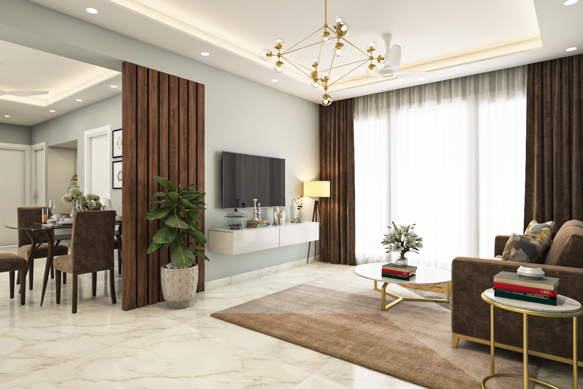 Compact Living Room Tile Design With Glossy Marble Tiles | Livspace