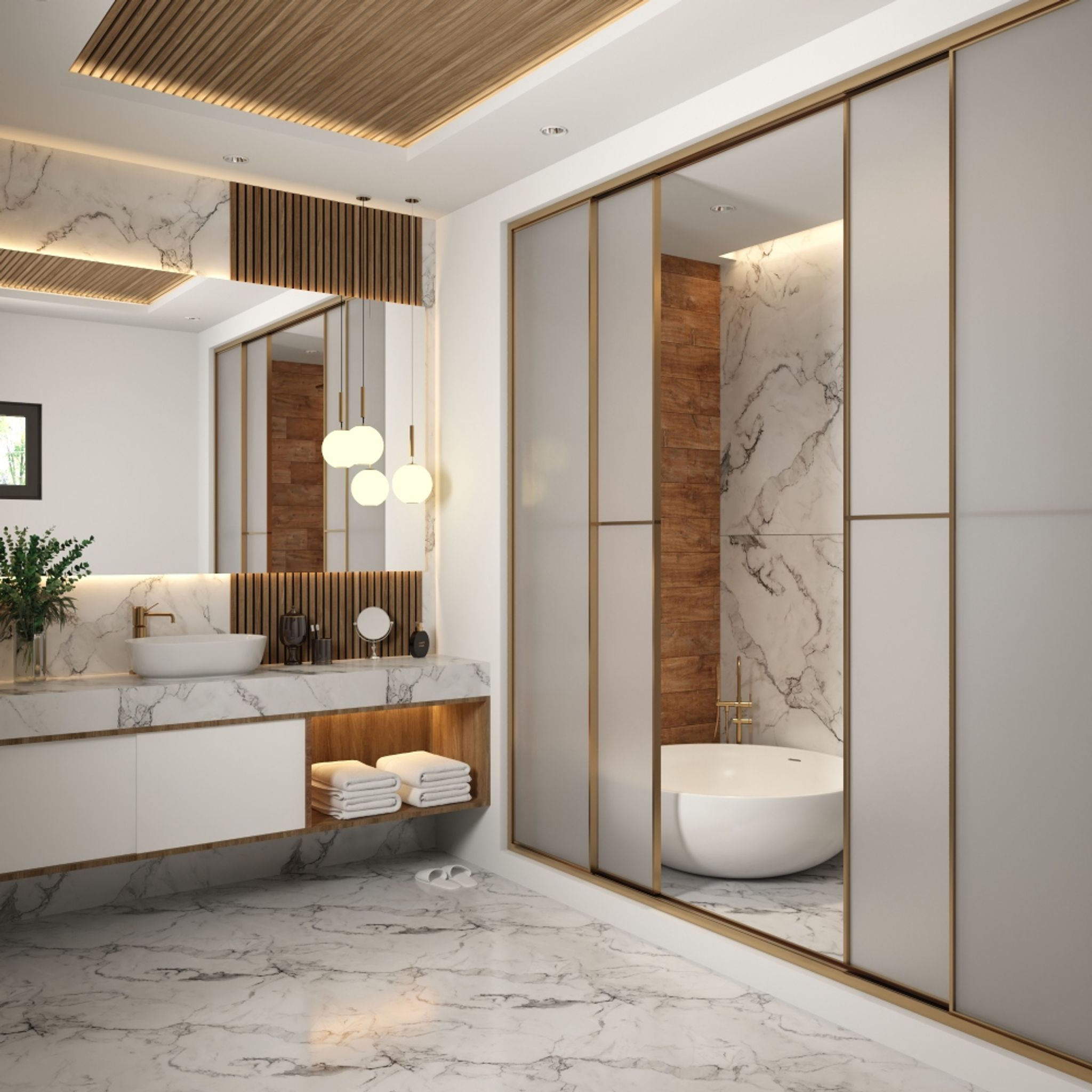 White And Wood Bathroom Design With Wooden Flute Wall Panel - 9x7 F ...