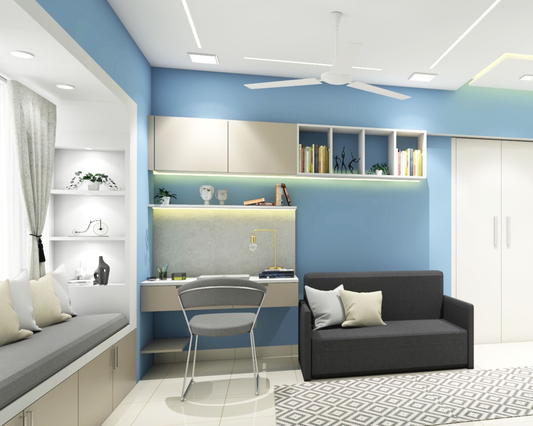 Small Study Room Design With A Grey Upholstered Sofa | Livspace