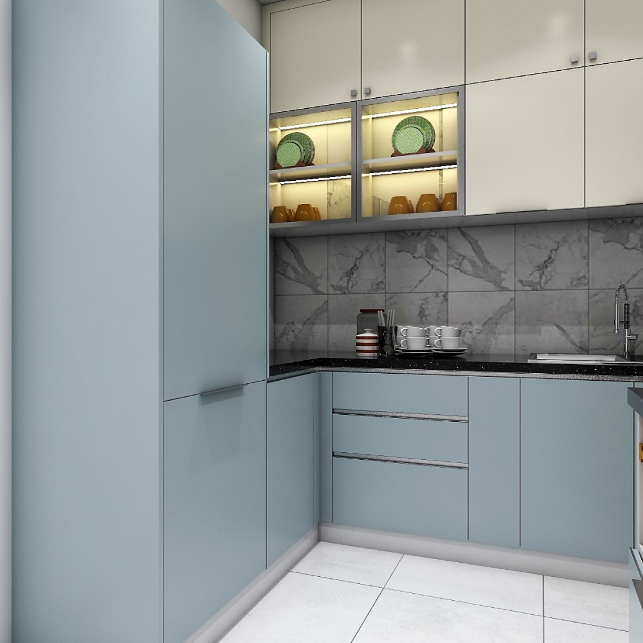 L-Shaped Kitchen Design With White And Blue Kitchen Cabinets Design ...