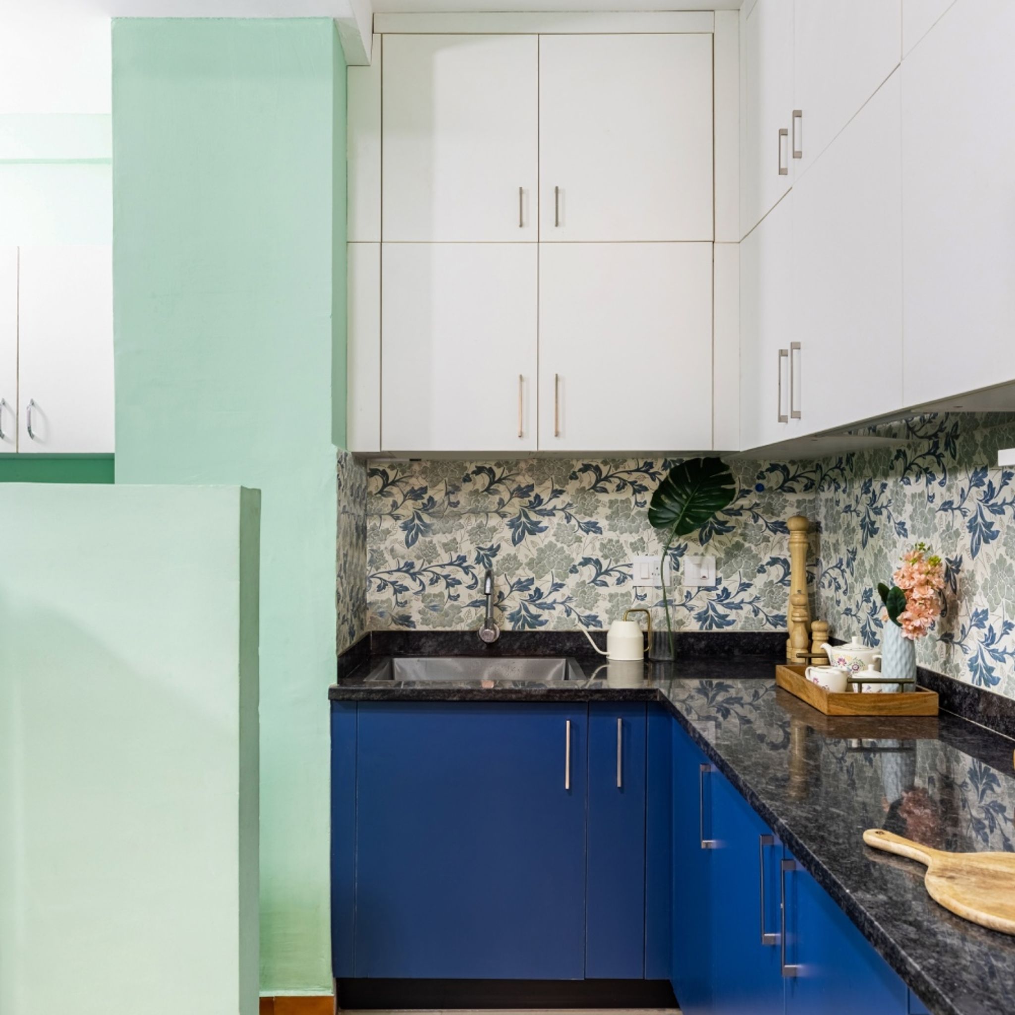 Modular Kitchen Design With Blue And White Kitchen Cabinets | Livspace