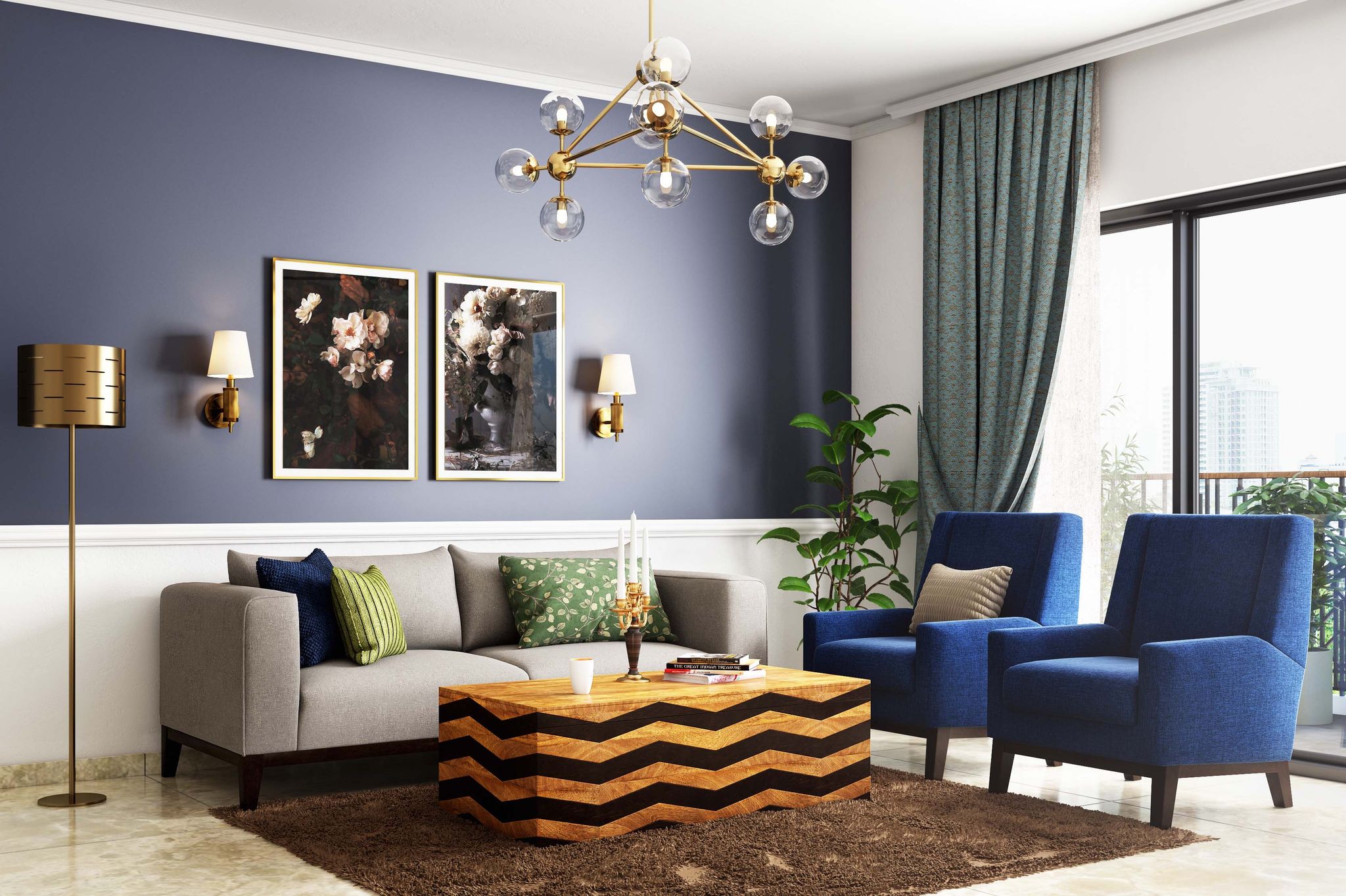 Living Room Wall Design With Blue Paint And White Trims | Livspace