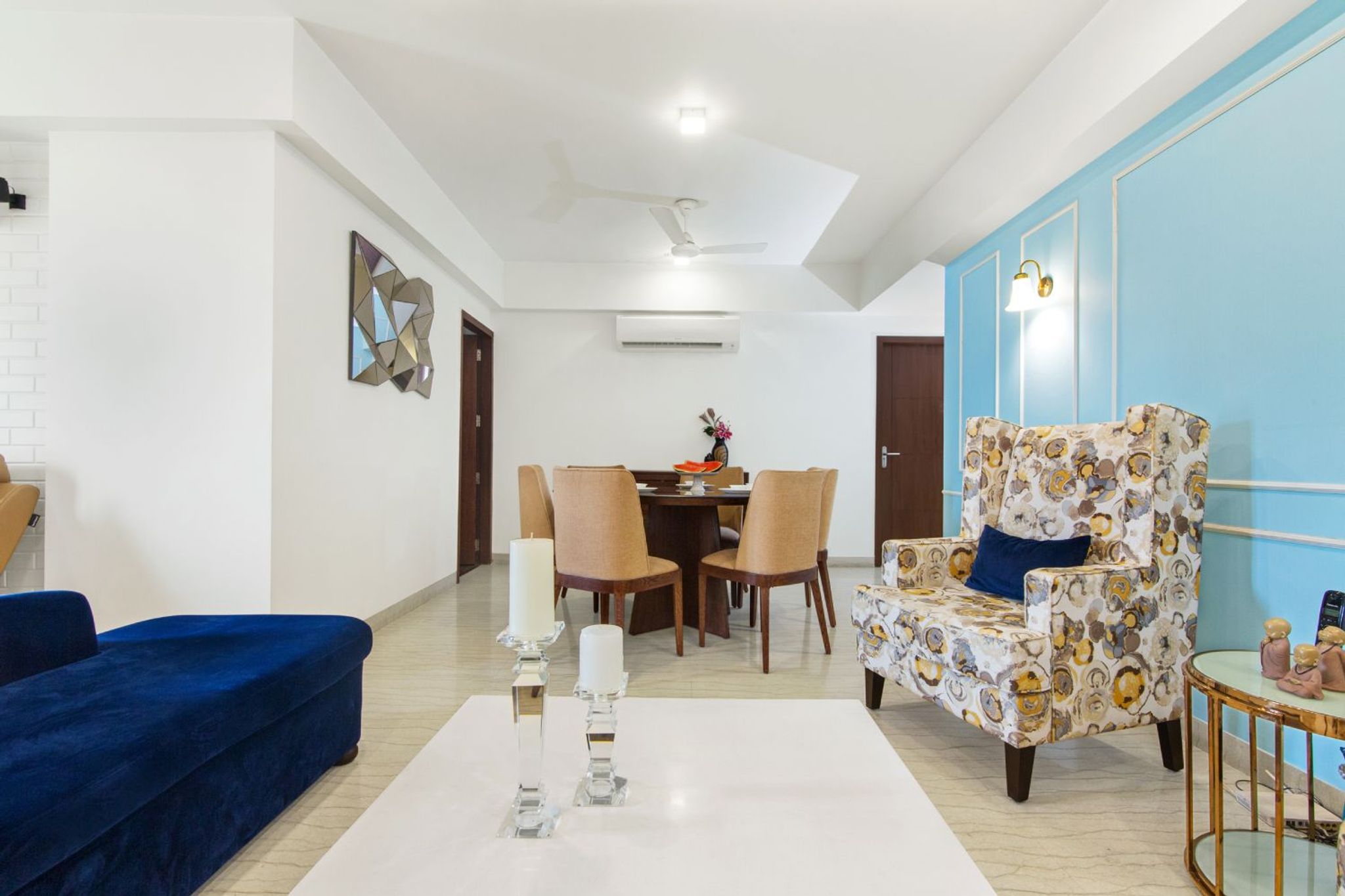 2BHK Gurgaon Flat Modern Interior Design with Blue Accents, Gold ...
