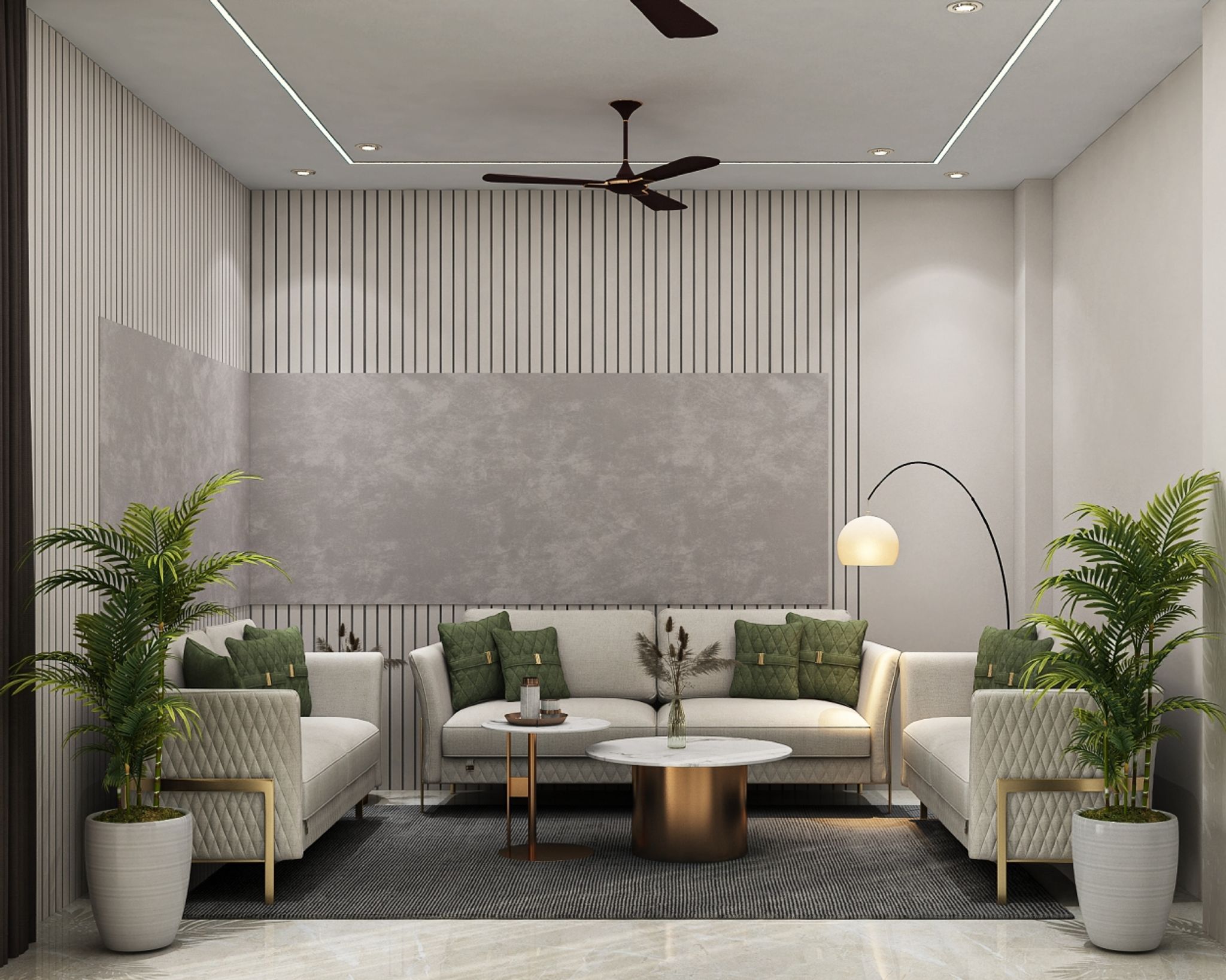 Stylish Modern Living Room Design with Neutral Tones, Vertical Paneling