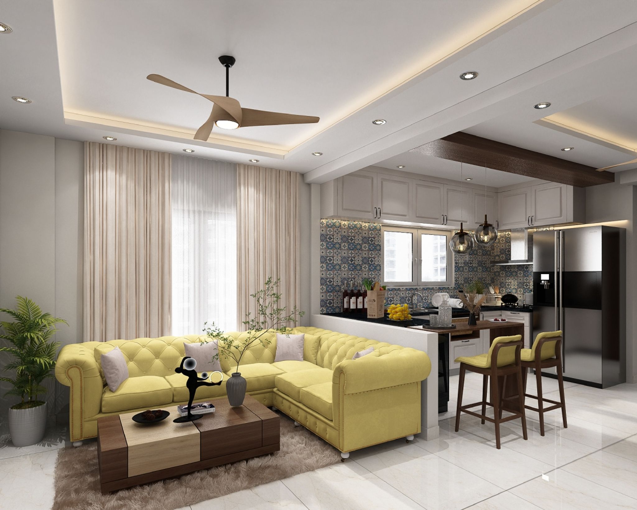 Vibrant MidCentury Modern Living Room Design with Light Yellow Sofa