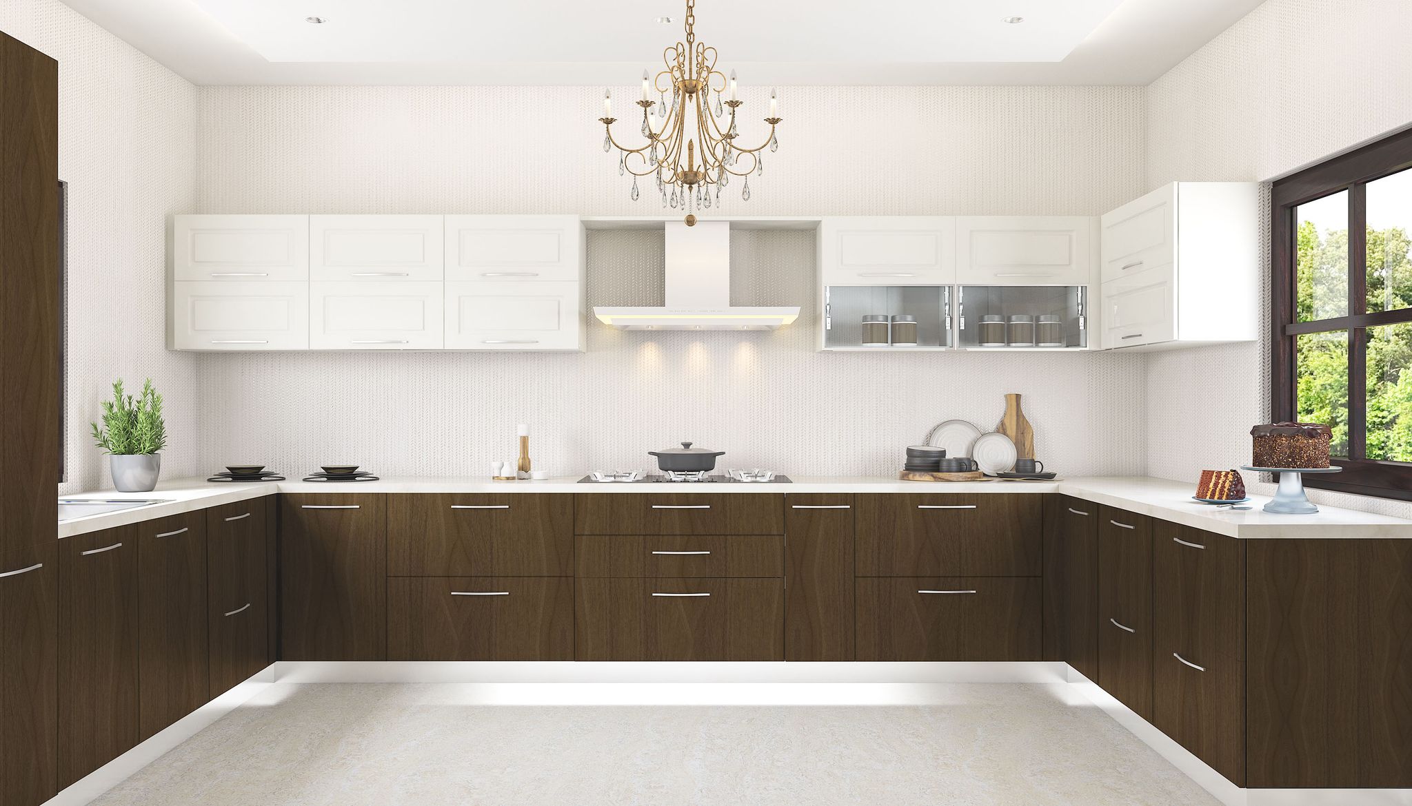 Spacious U-Shaped White-Wood Modular Kitchen Design With White ...