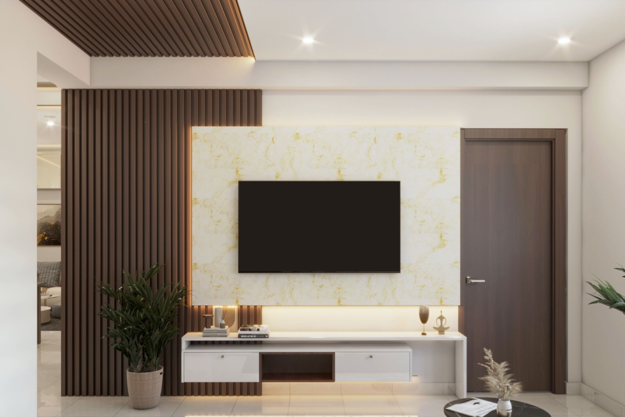 Spacious Wood And White TV Unit Design With Marble Back Panel And ...