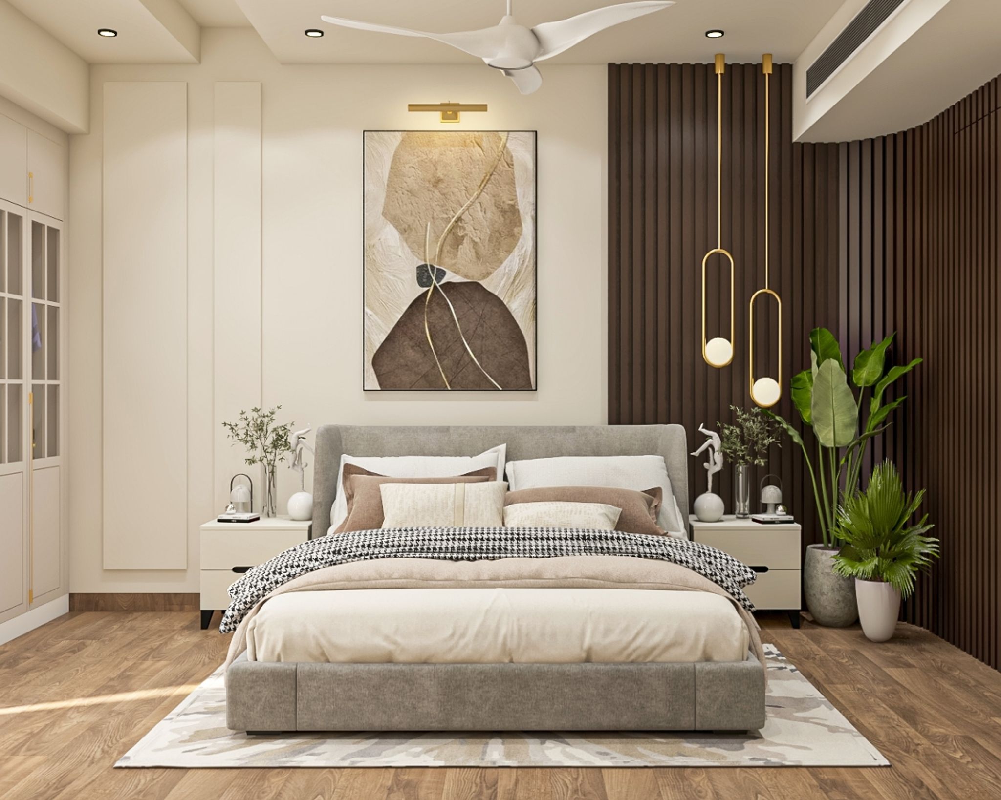 White And Brown Bedroom Wall Design With White Trims And Wooden