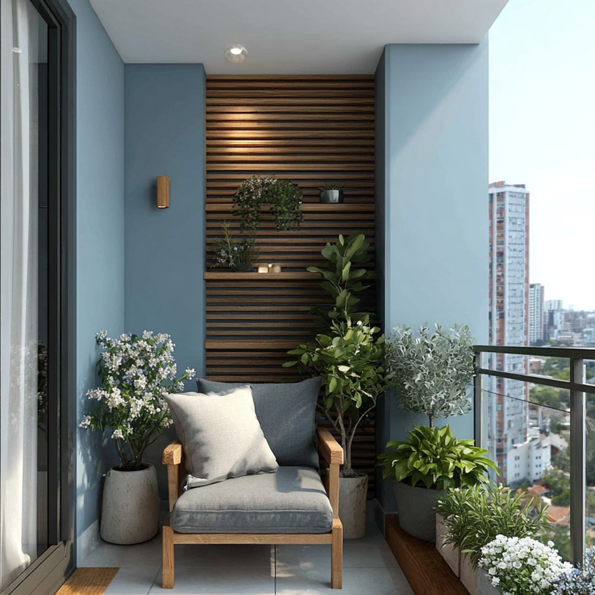 Contemporary Balcony Design with Wooden Accent Wall and Seating | Livspace