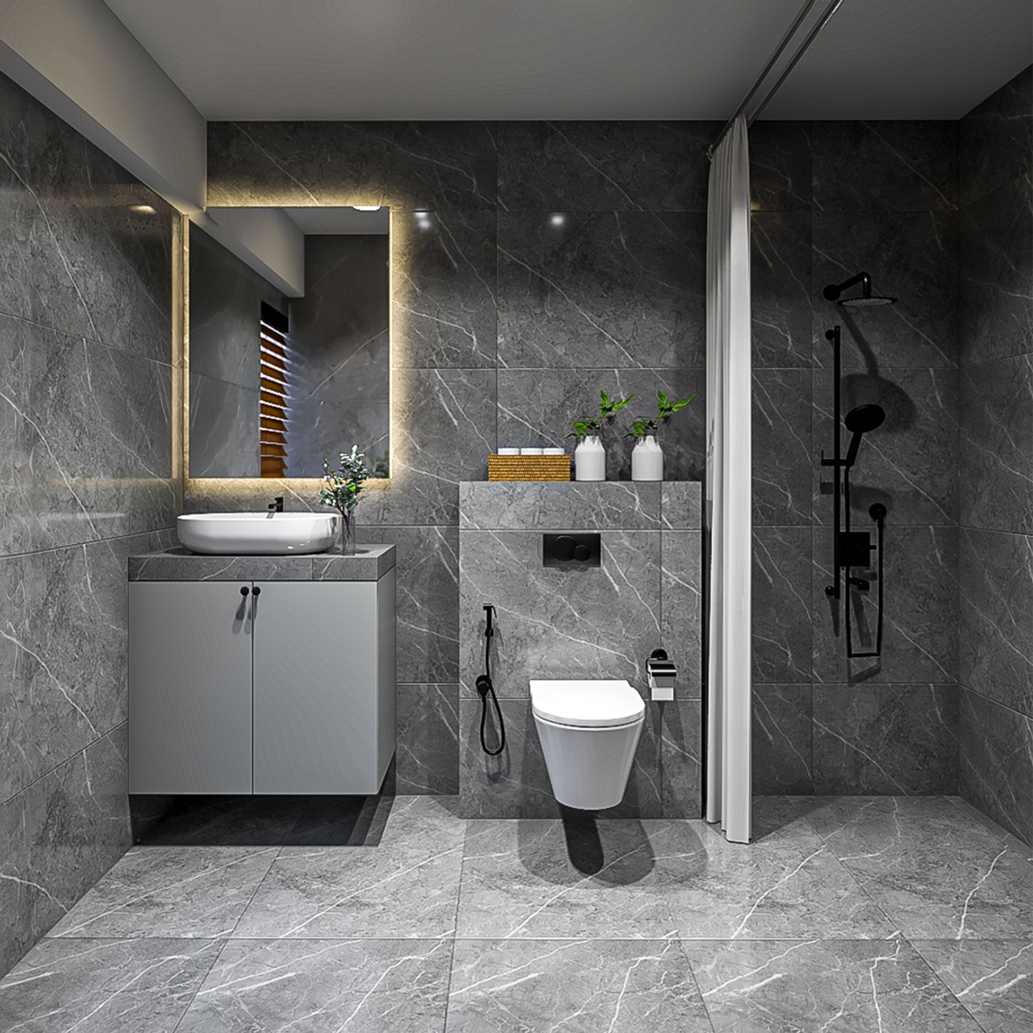 Modern Bathroom Design with Dark Grey Marble Tiles Vanity and Mirror ...