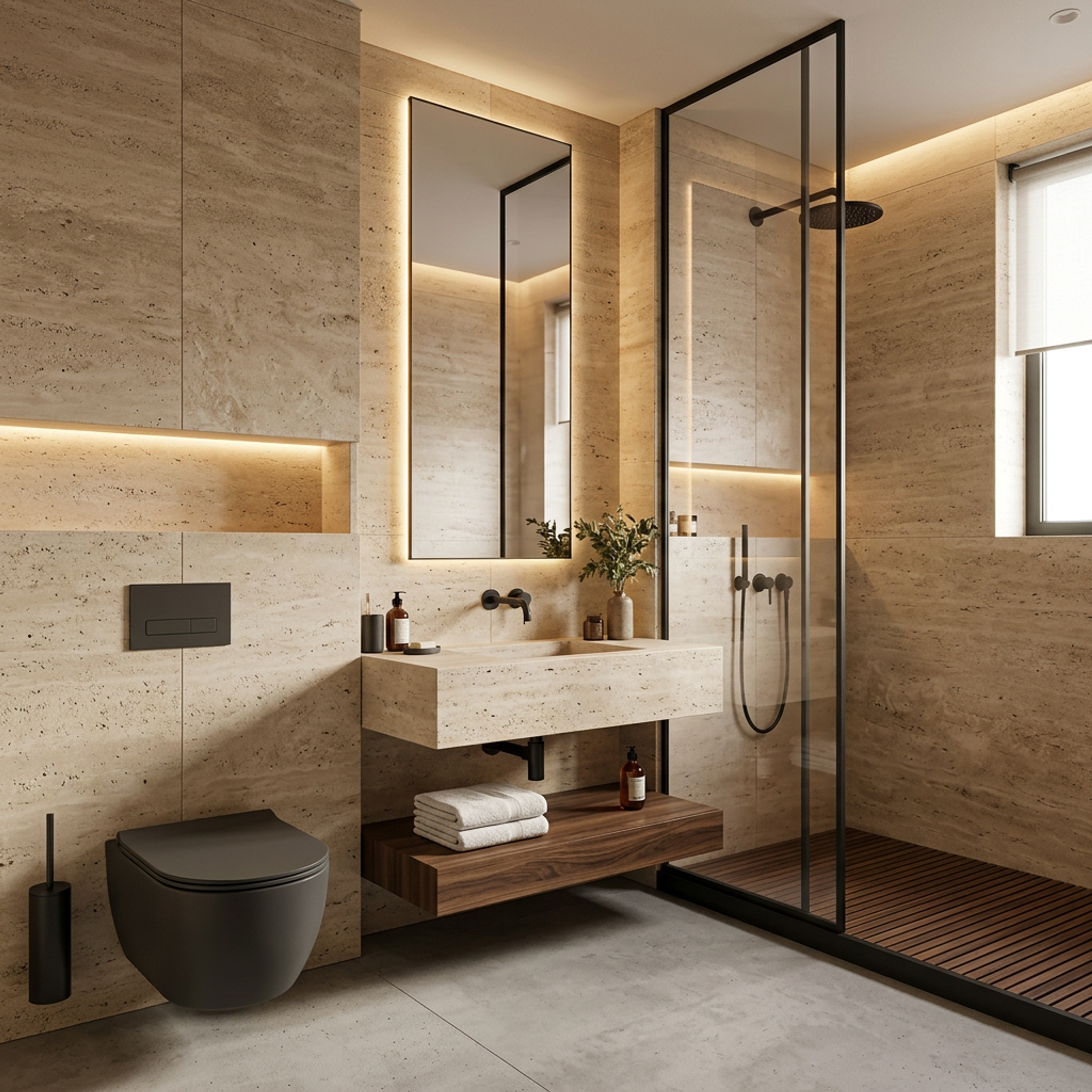 Modern Bathroom Design with Black Framed Glass Partition and Stone Wall ...