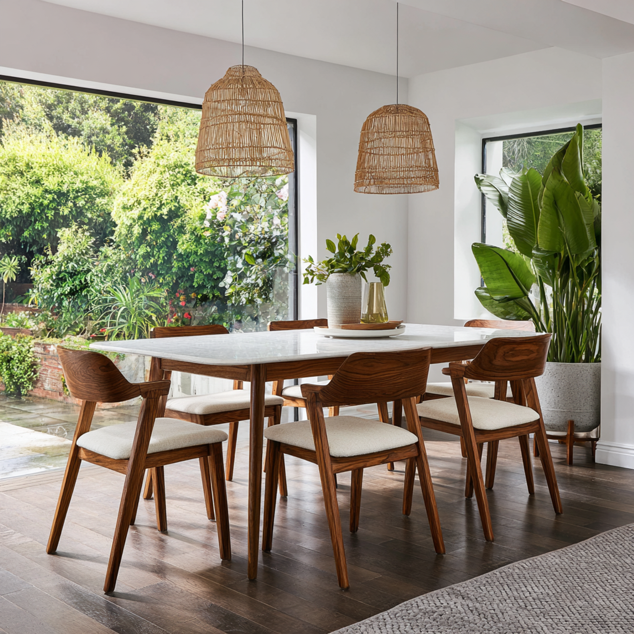Contemporary Dining Room Design with Marble Table and Wooden Chairs ...