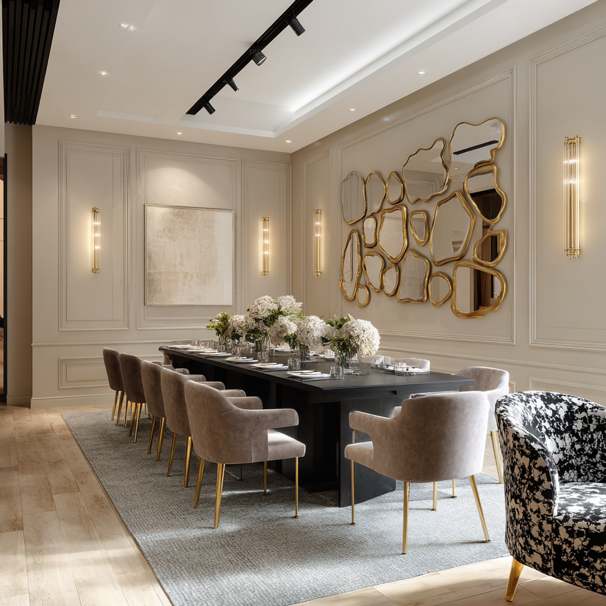Modern Dining Room Design with Rectangular Table and Statement Mirror ...