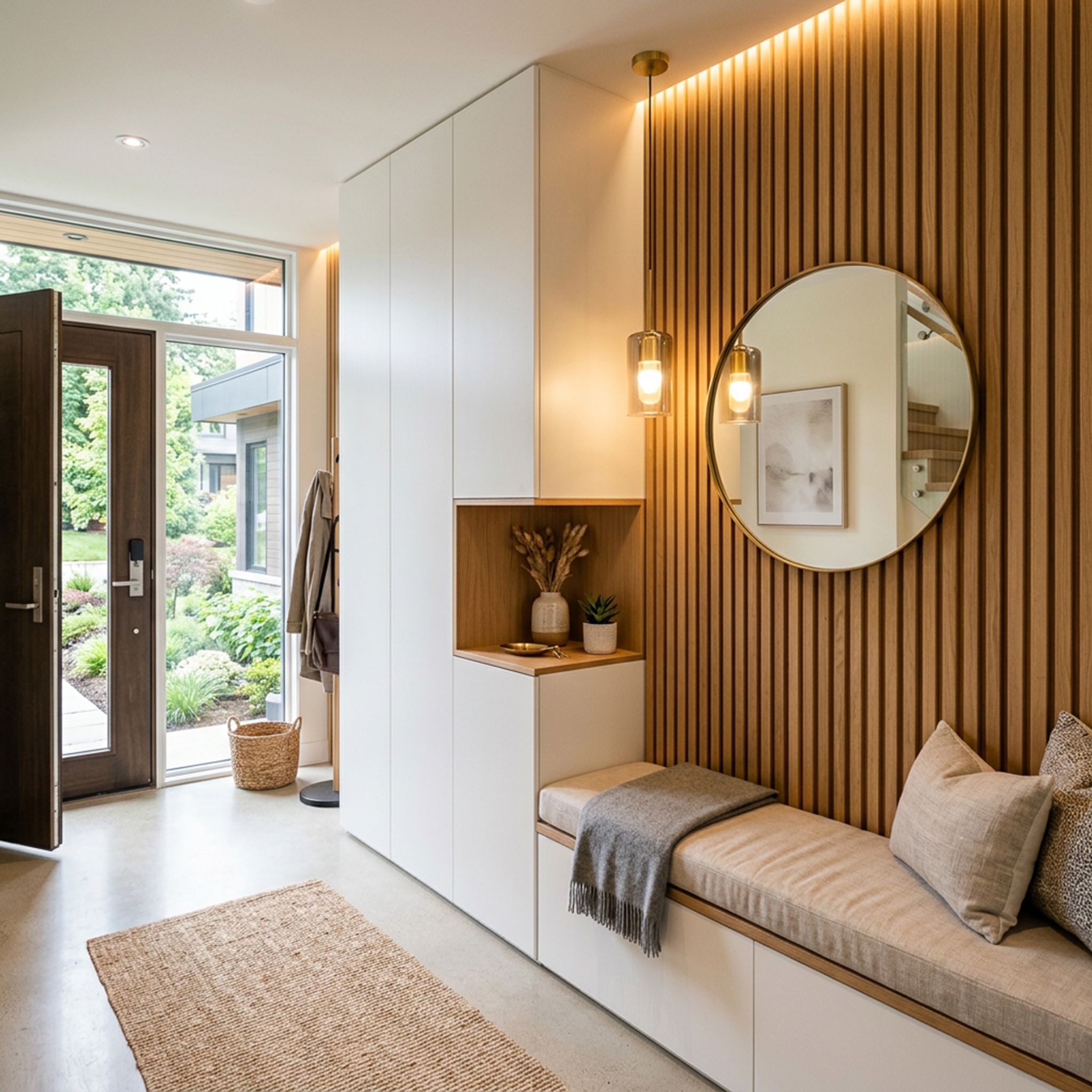 White and Teak Scandinavian Foyer Design with Bench and Wardrobe ...