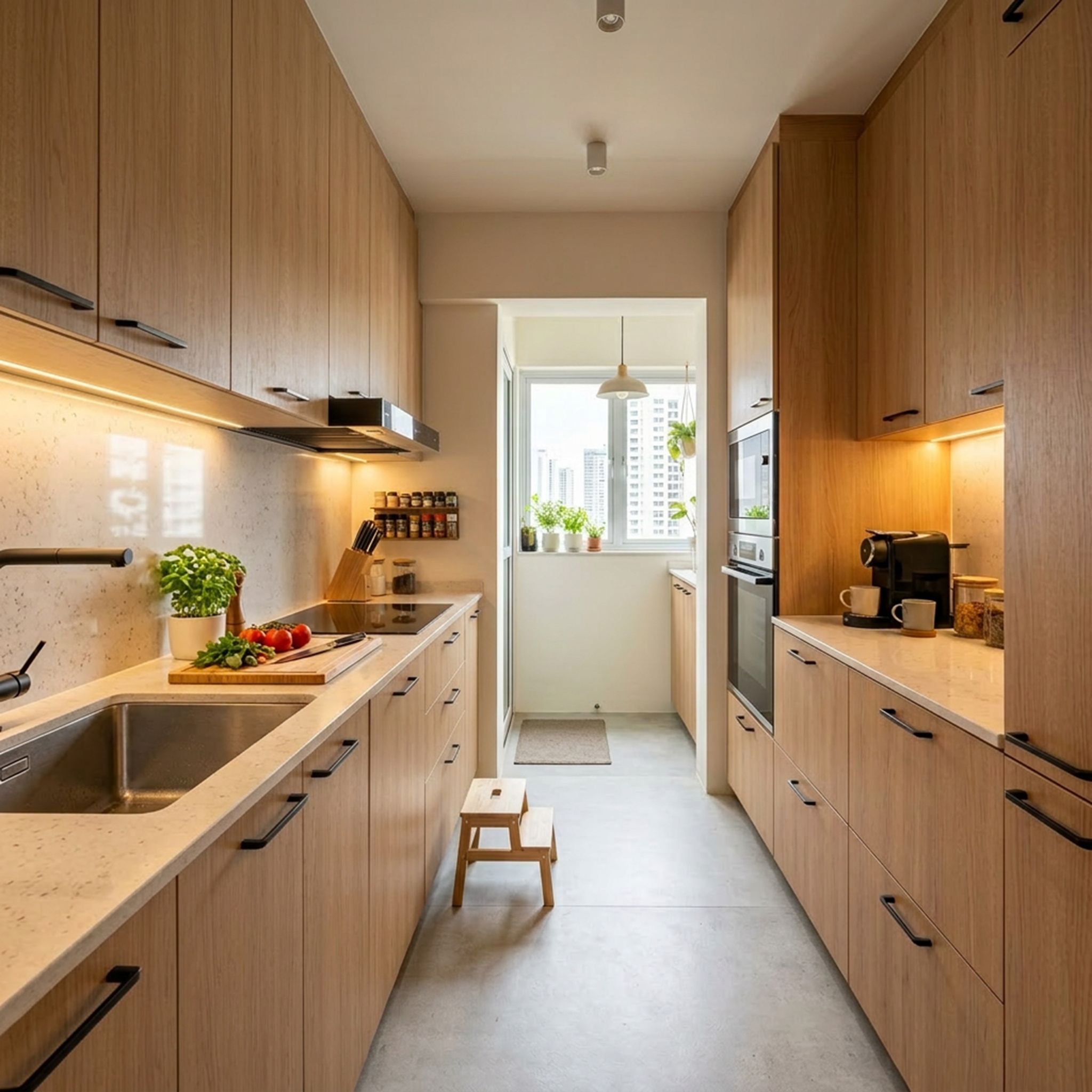 Modern Parallel Kitchen Design with Walnut Storage Cabinets and Corian ...