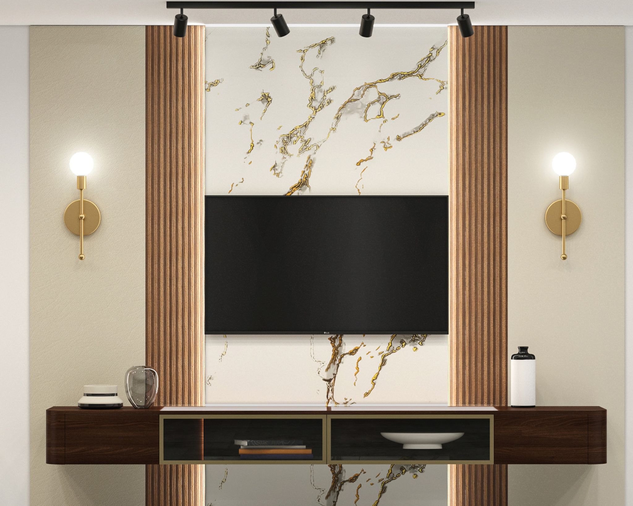 Contemporary TV Unit Design with Marble Panel and Gold Veined Backdrop ...