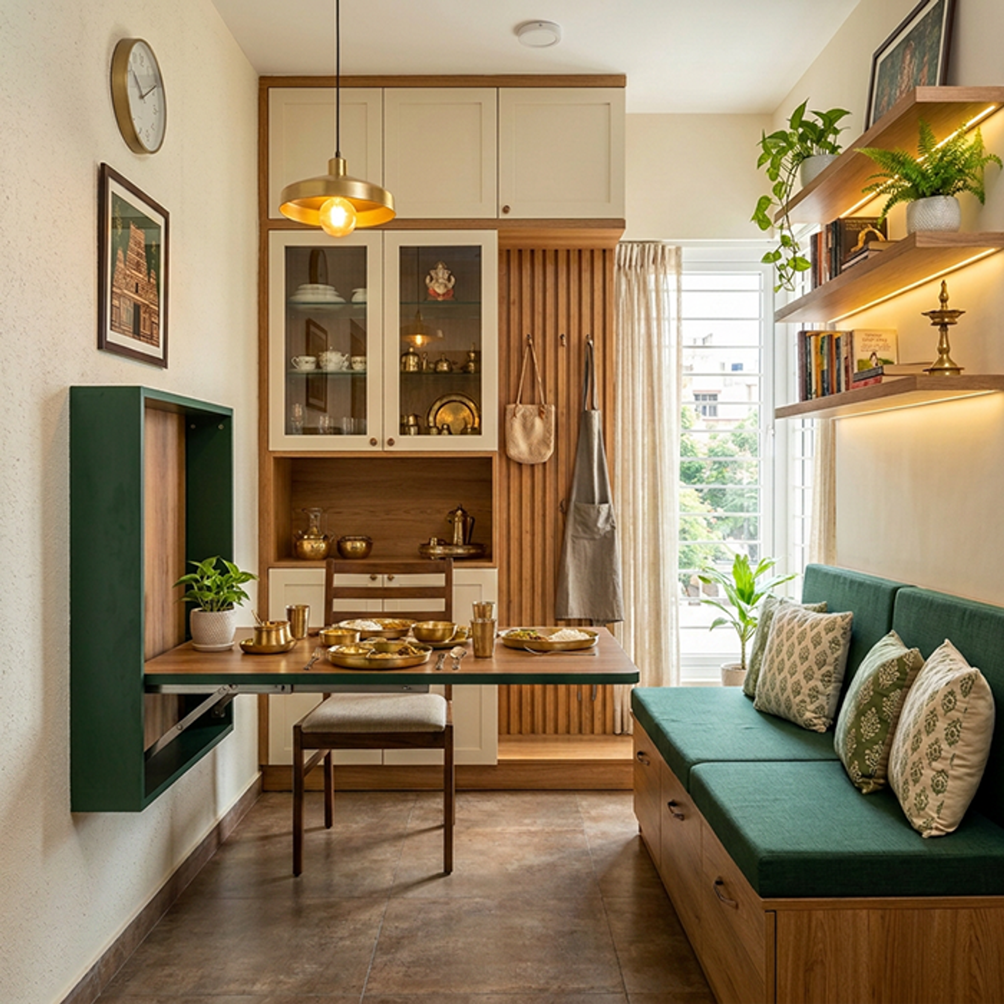 Traditional Compact Dining Room Design with Backlit Floating Shelves ...