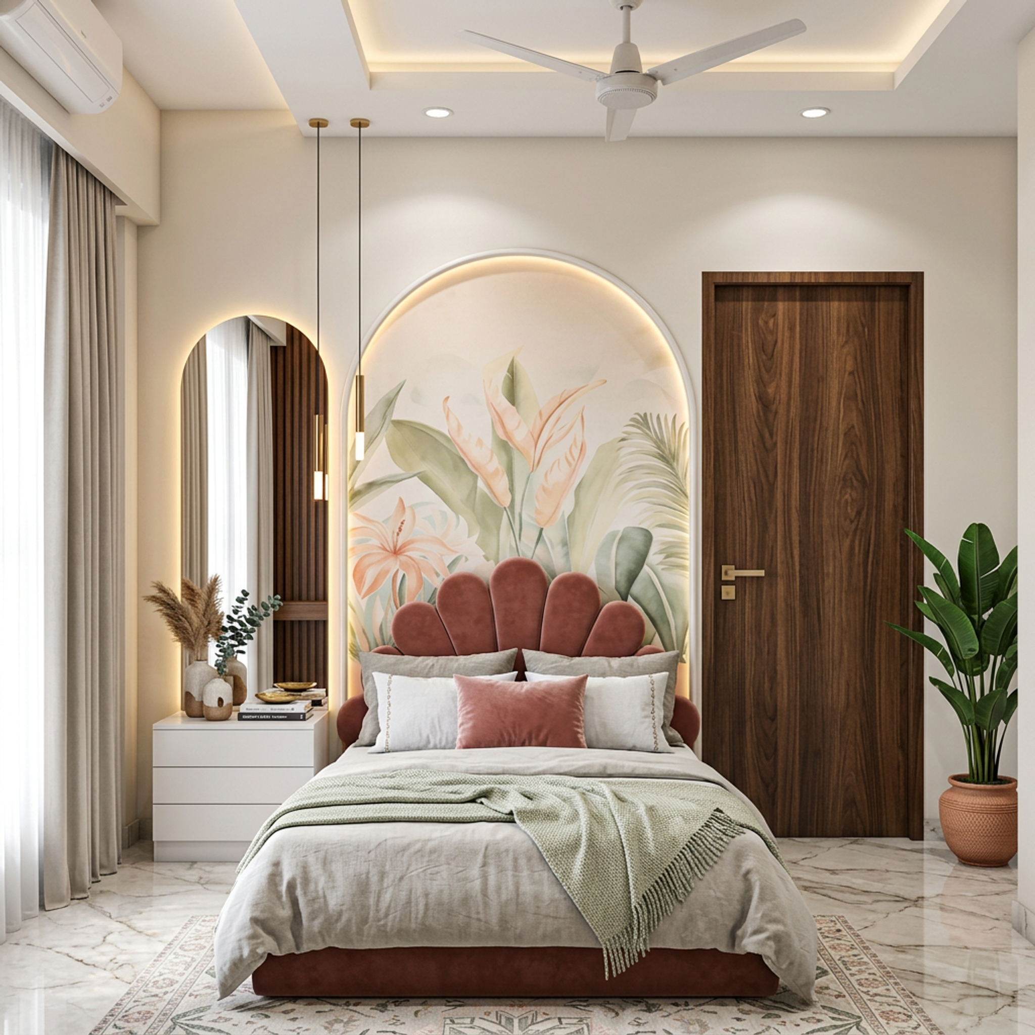 Contemporary Kids Bedroom Design with Botanical Wallpaper and Bedside ...