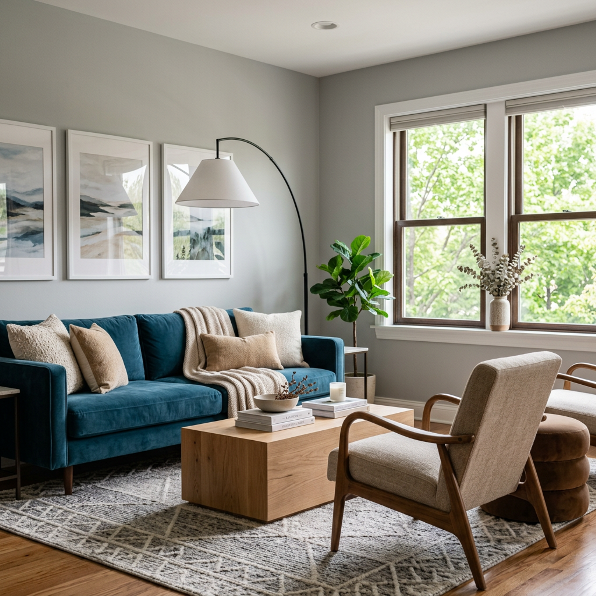 Modern Living Room design with Velvet Sofa and Coffee Table | Livspace