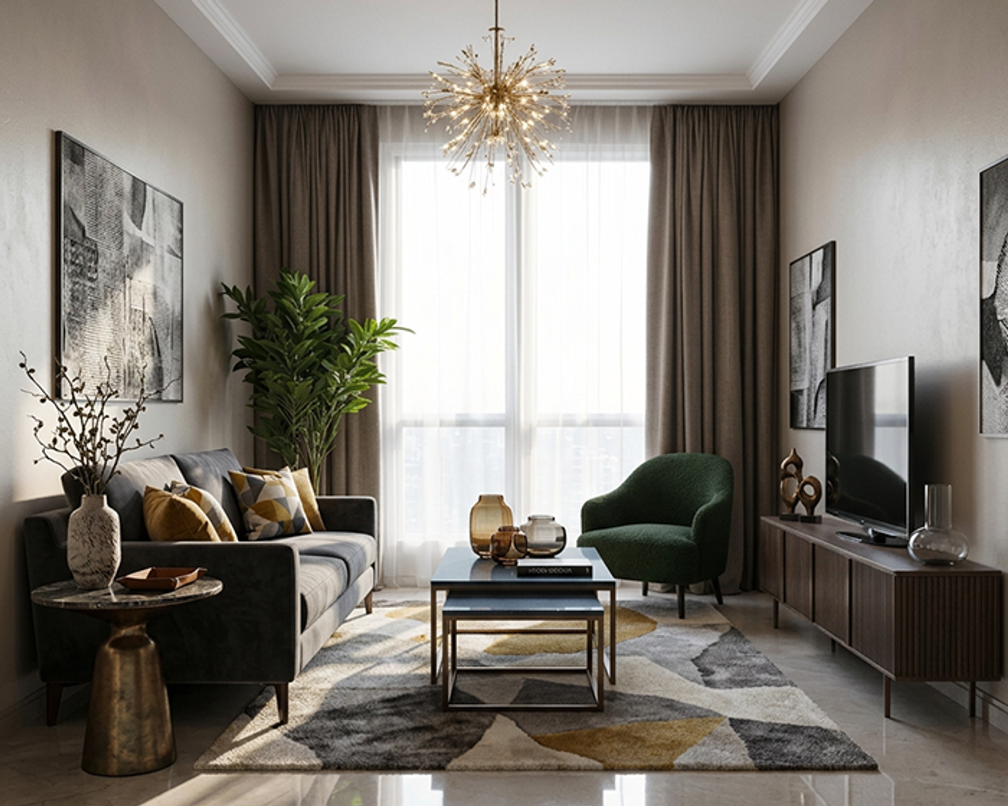 Eclectic Living Room Design in Grey & Green with Fluted Console | Livspace