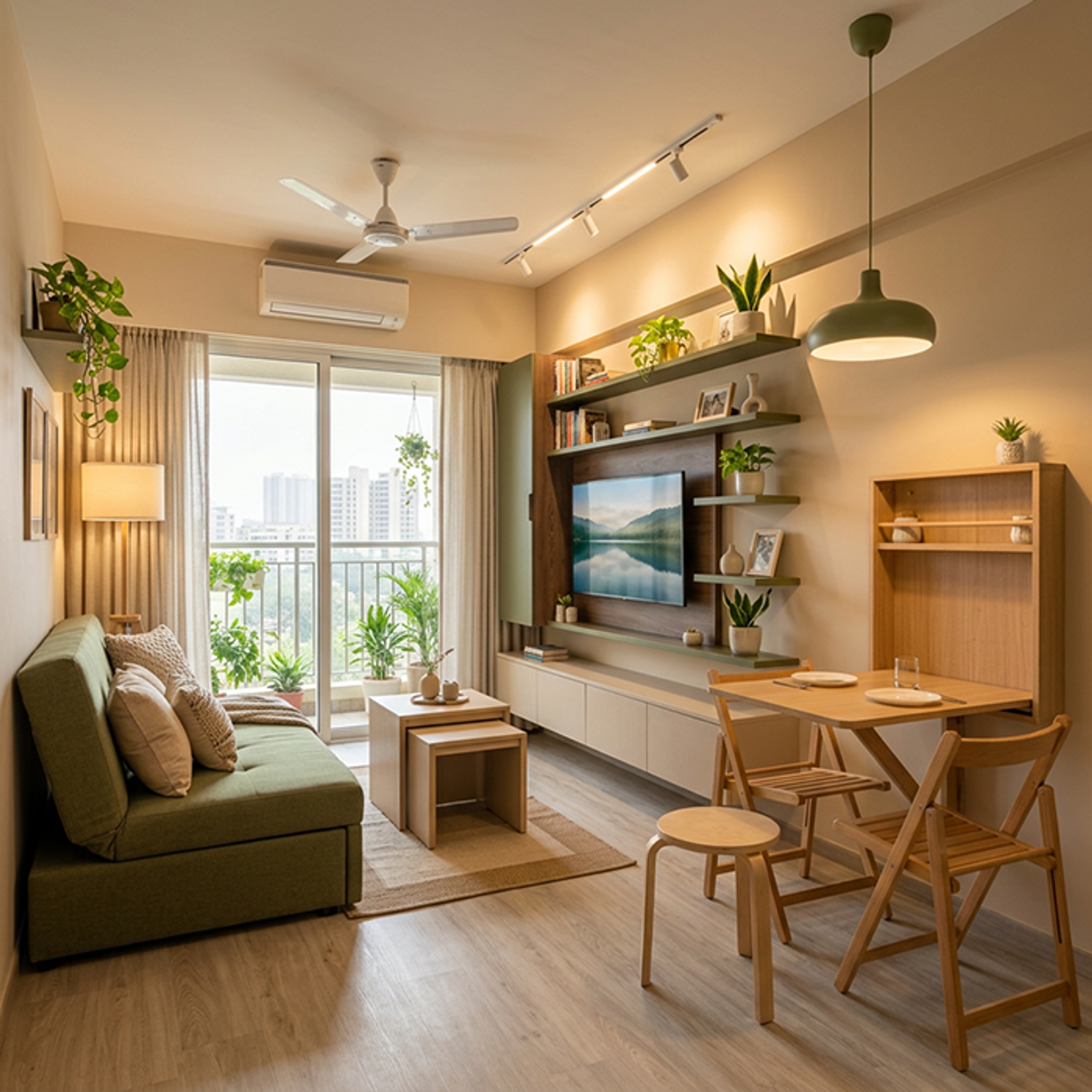Contemporary Living Room Design in Olive & Wood with Track Lights ...