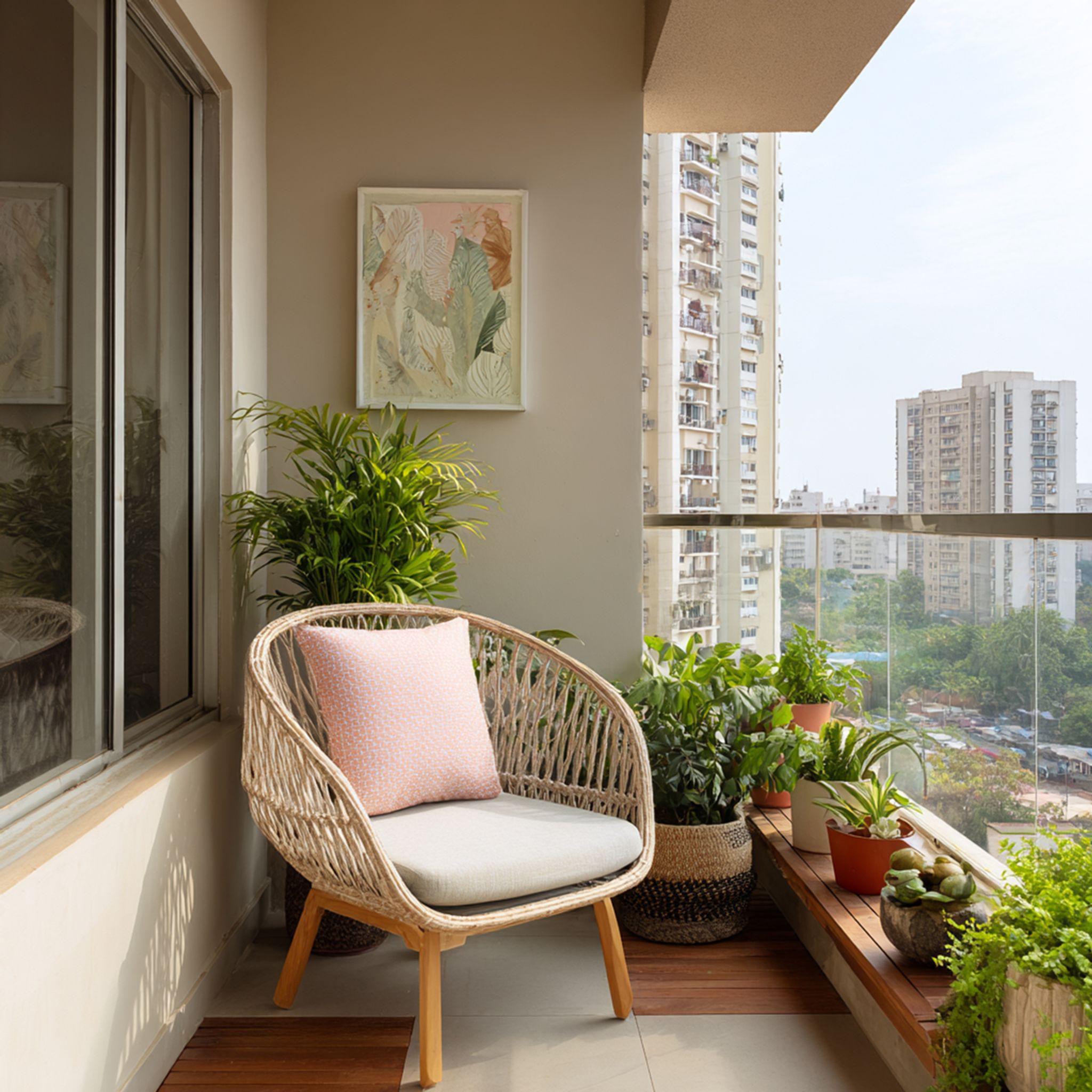 Balcony Design with Wicker Chair and Tropical Mini Garden | Livspace