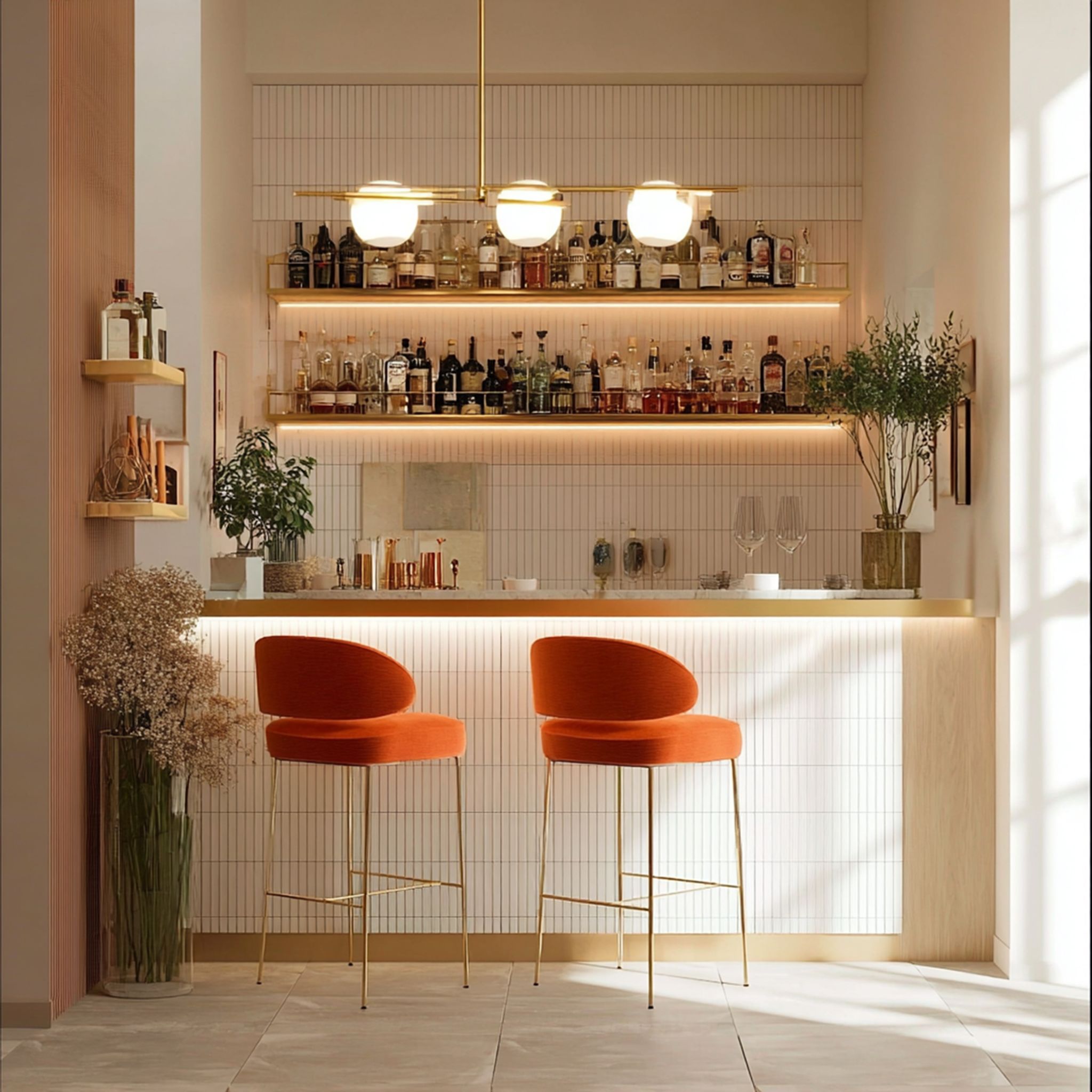 Teak Finish Modern Home Bar Design with Twin Long Open Shelves | Livspace