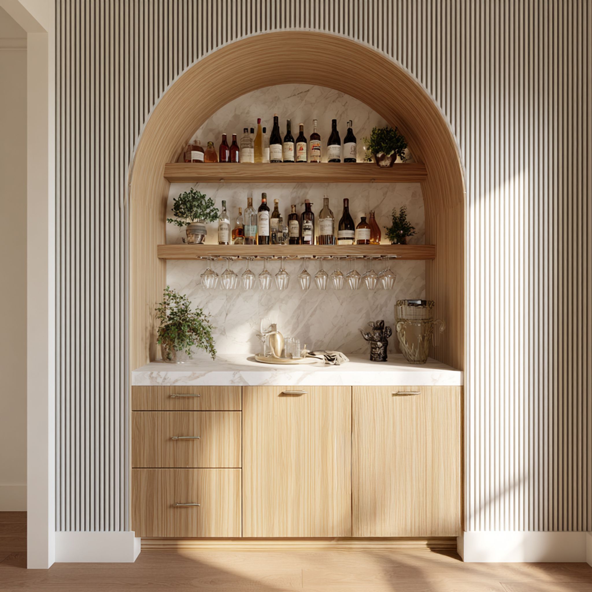 Classic Home Bar Design with Arched Niche and Marble Backsplash | Livspace