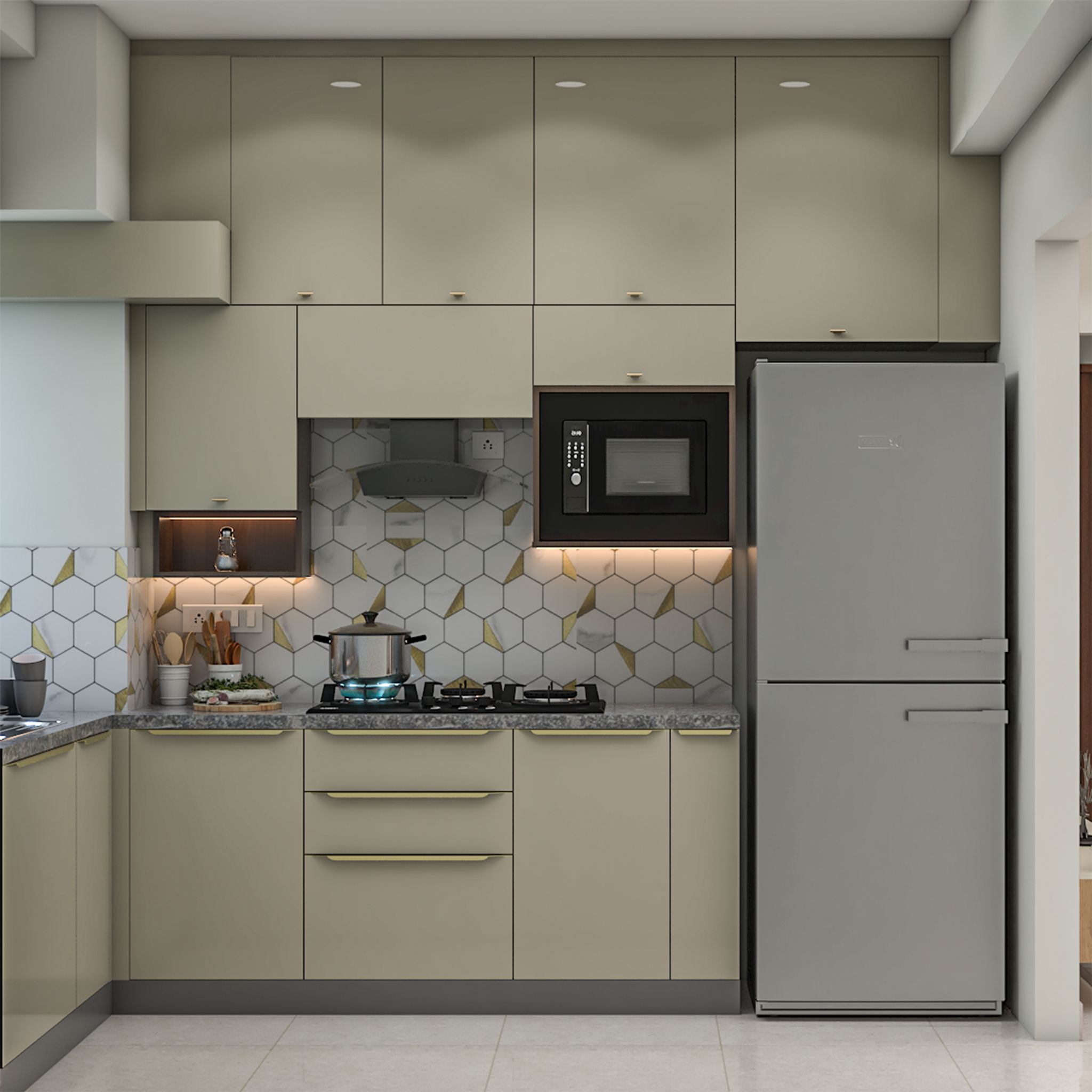 Beige L-Shaped Contemporary Kitchen Design with High Gloss Cabinets ...
