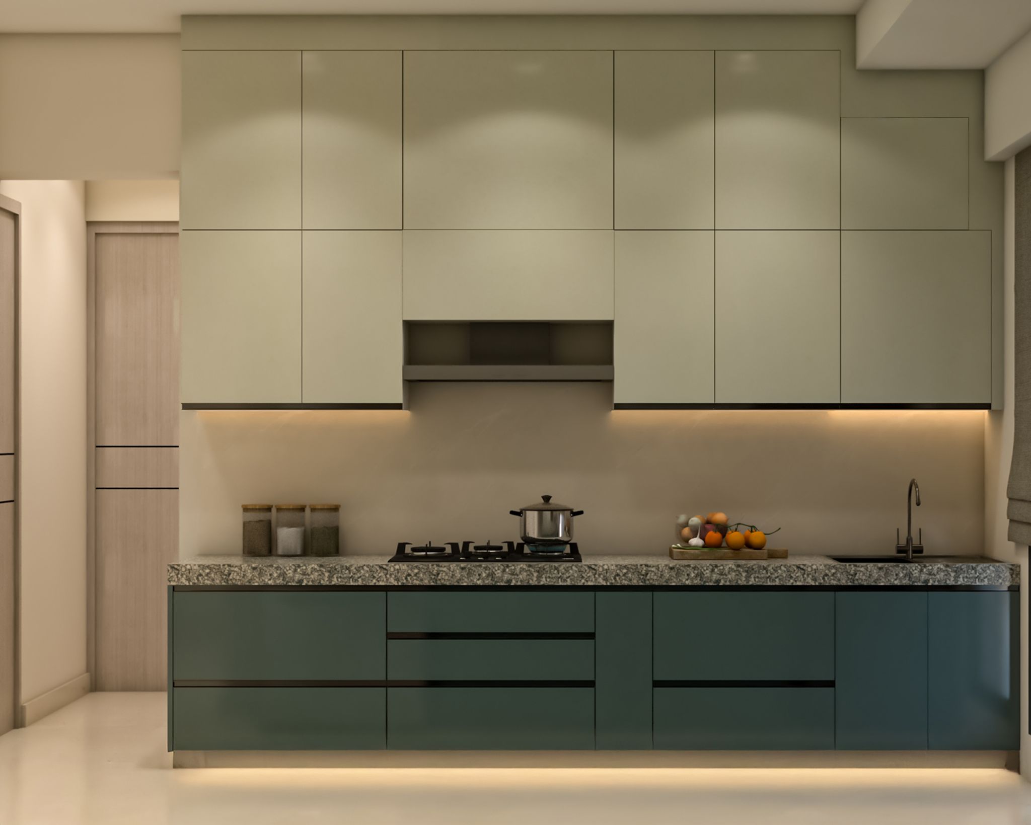 Modern Blue and Champagne Open Kitchen Design with Granite Countertop ...