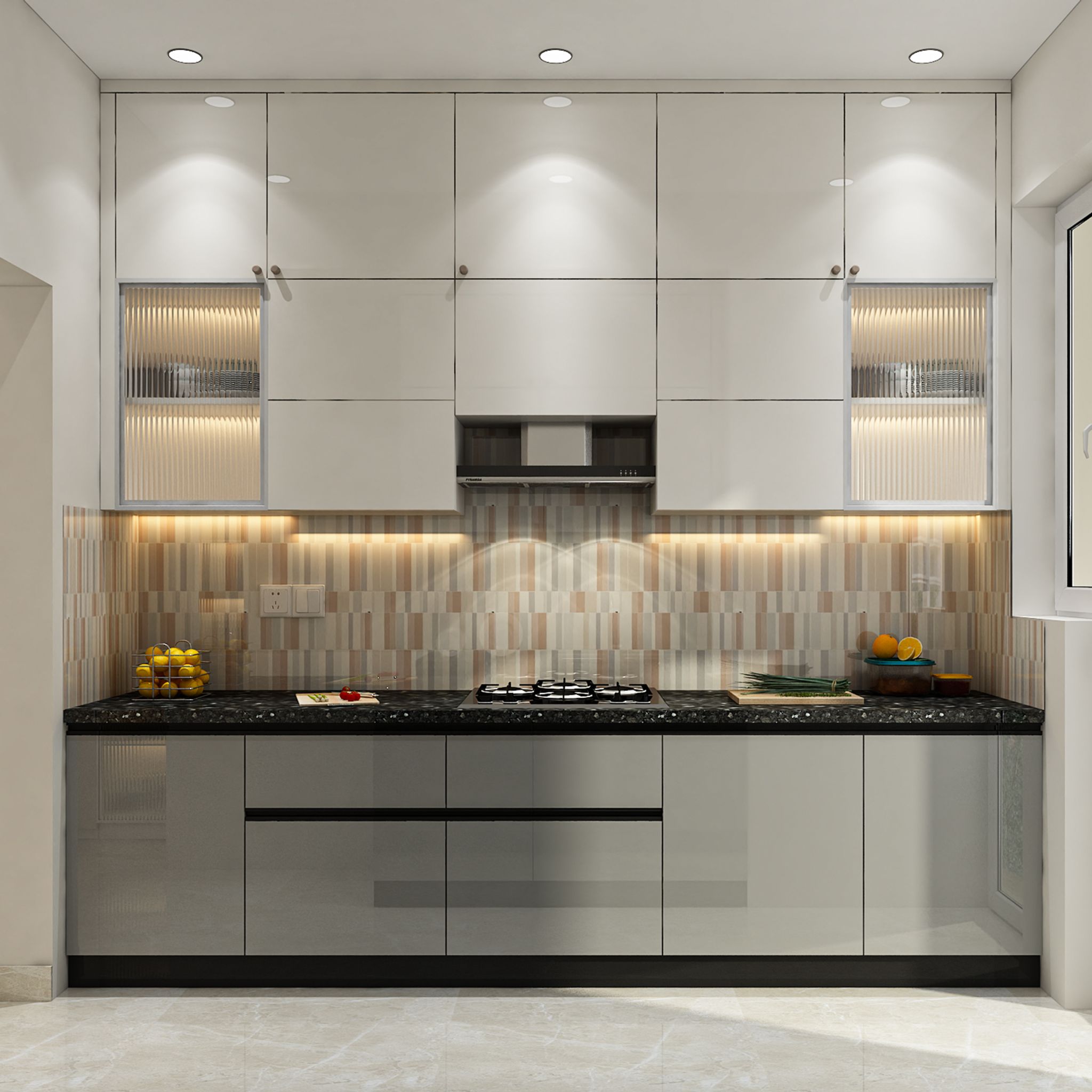 White and Dove Grey Modern Open Kitchen Design with Glass Cabinets ...