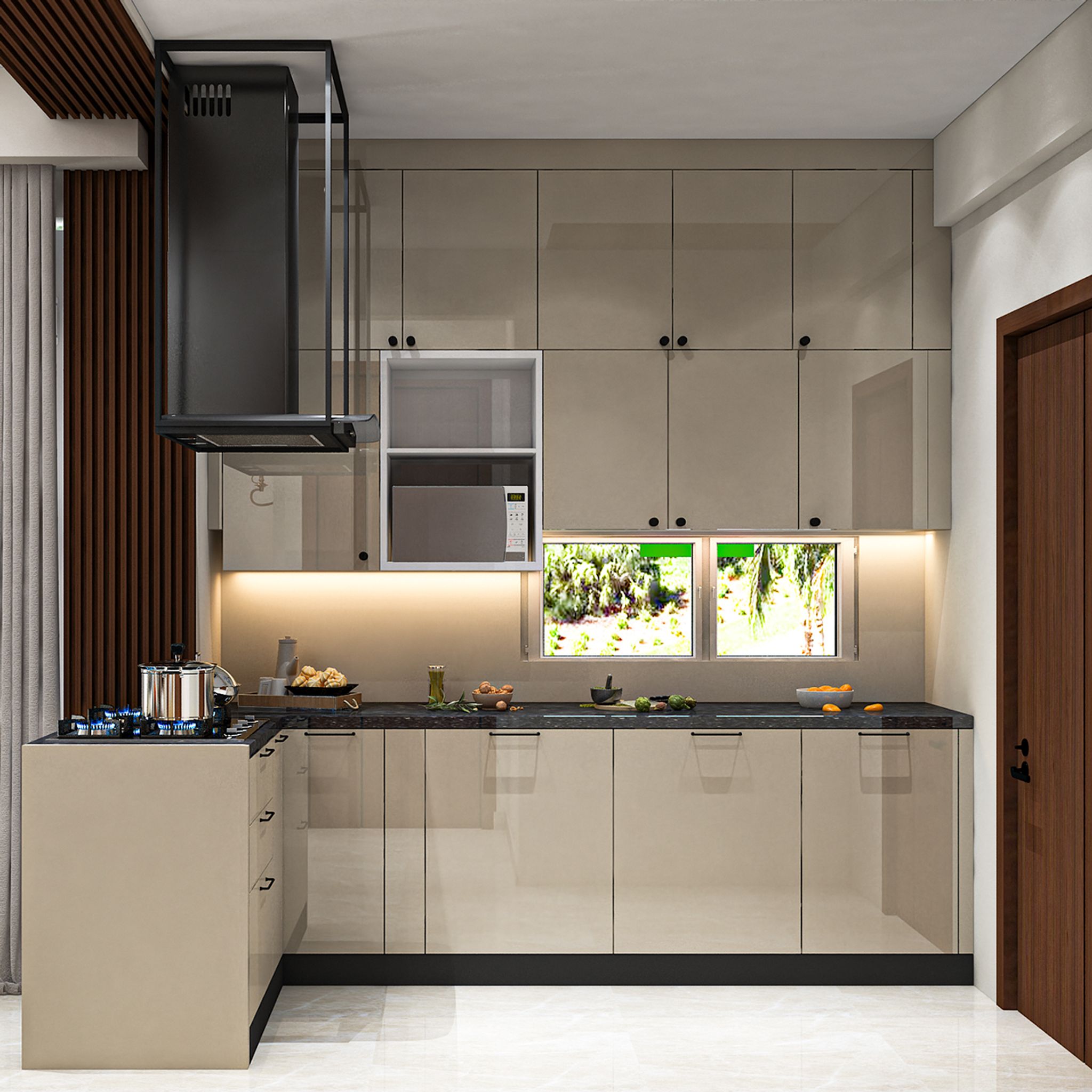 Cream L-Shaped Contemporary Kitchen Design with Granite Countertop ...