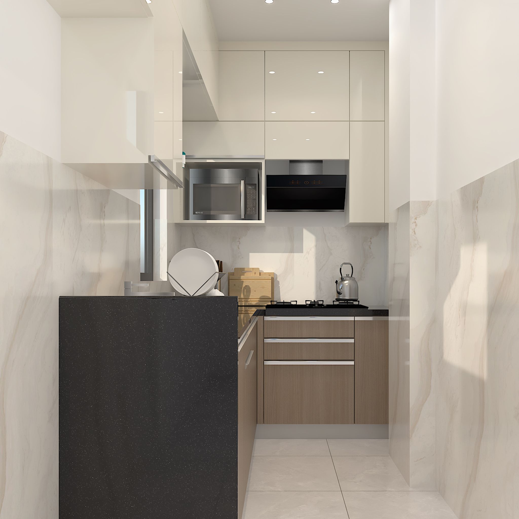Modern Walnut and White L-Shaped Kitchen Design with Granite Countertop ...
