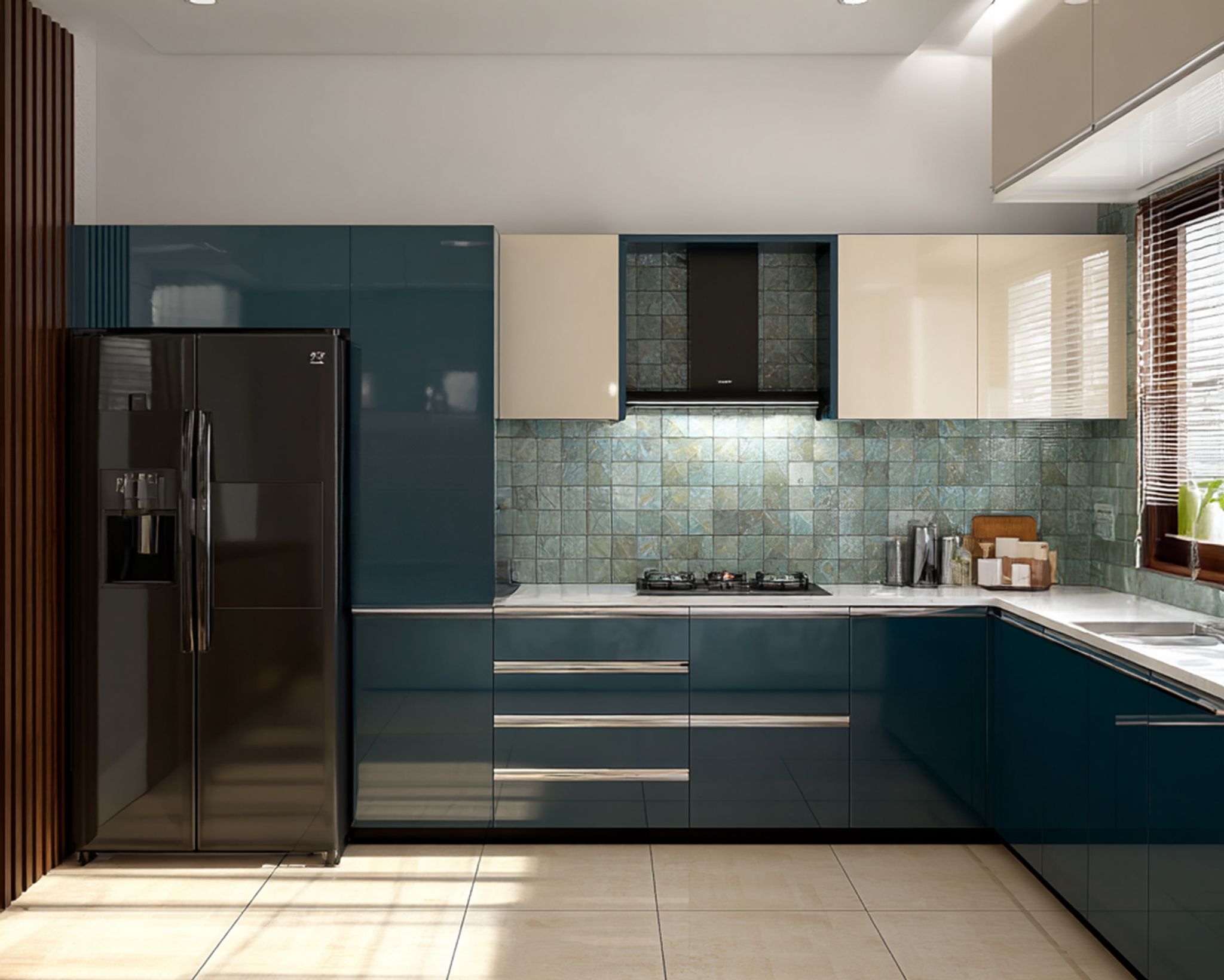 L-Shaped Modern Kitchen Design with Blue Cabinets Storage and Marble ...