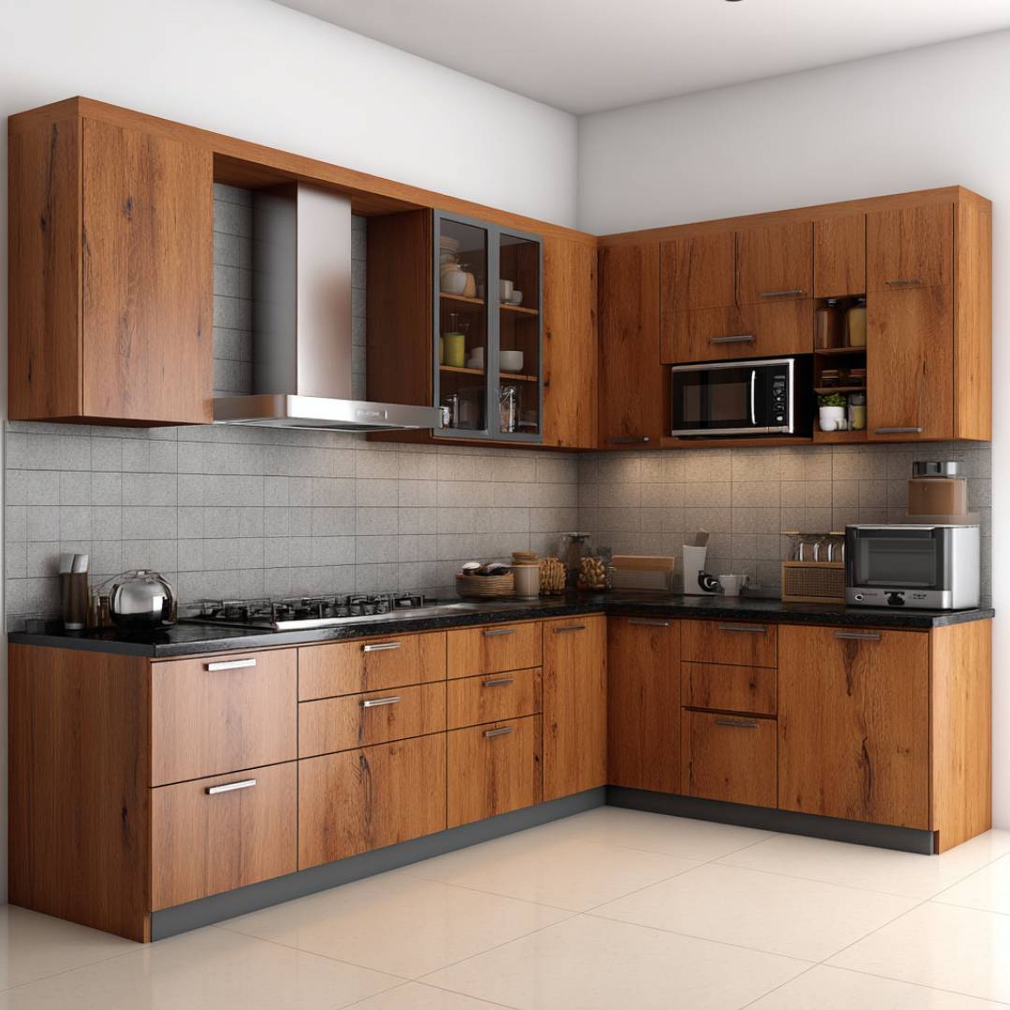Walnut Classic L-Shaped Kitchen Design with Granite Countertop and ...