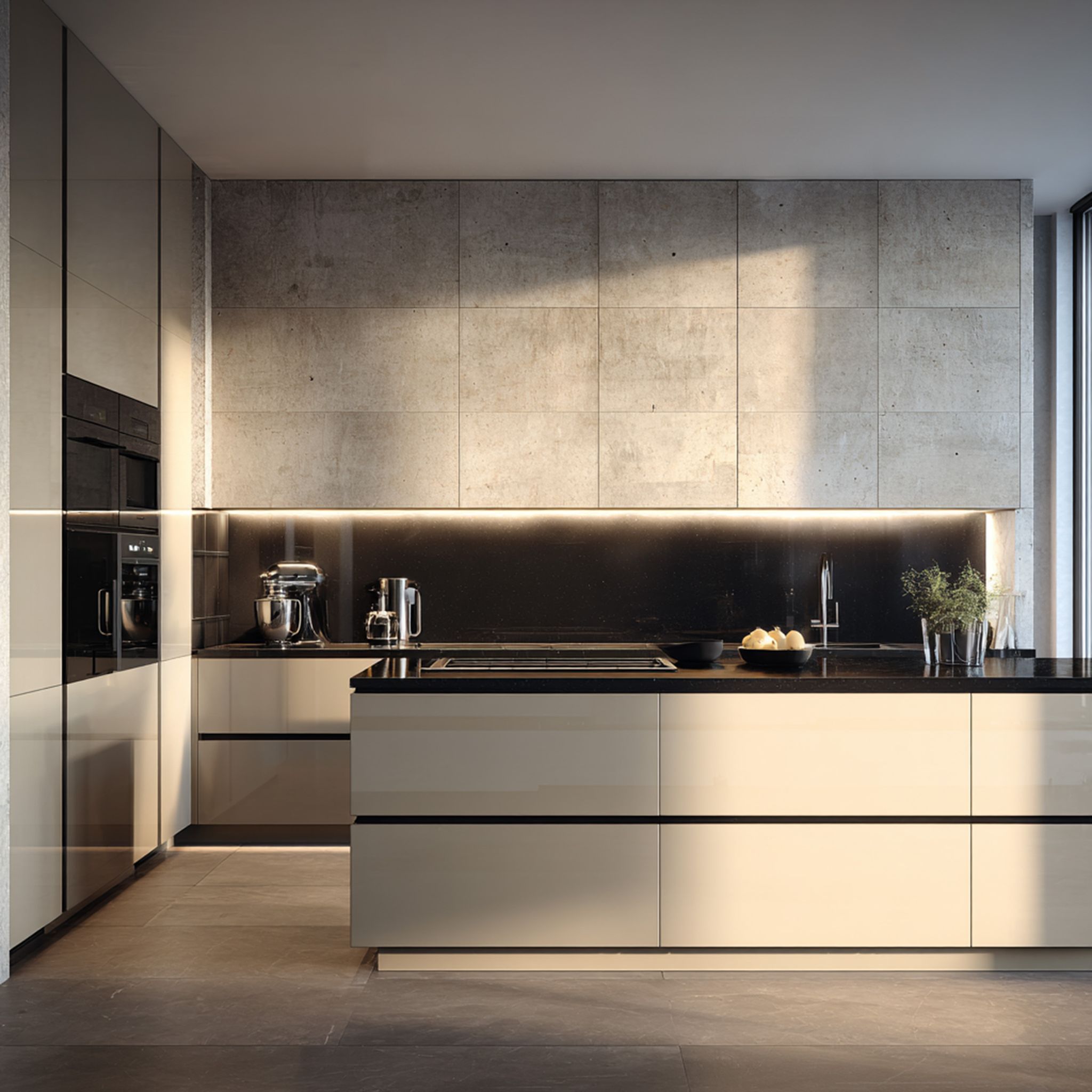 Modern Beige and Grey Island Kitchen Design with Granite Countertop ...