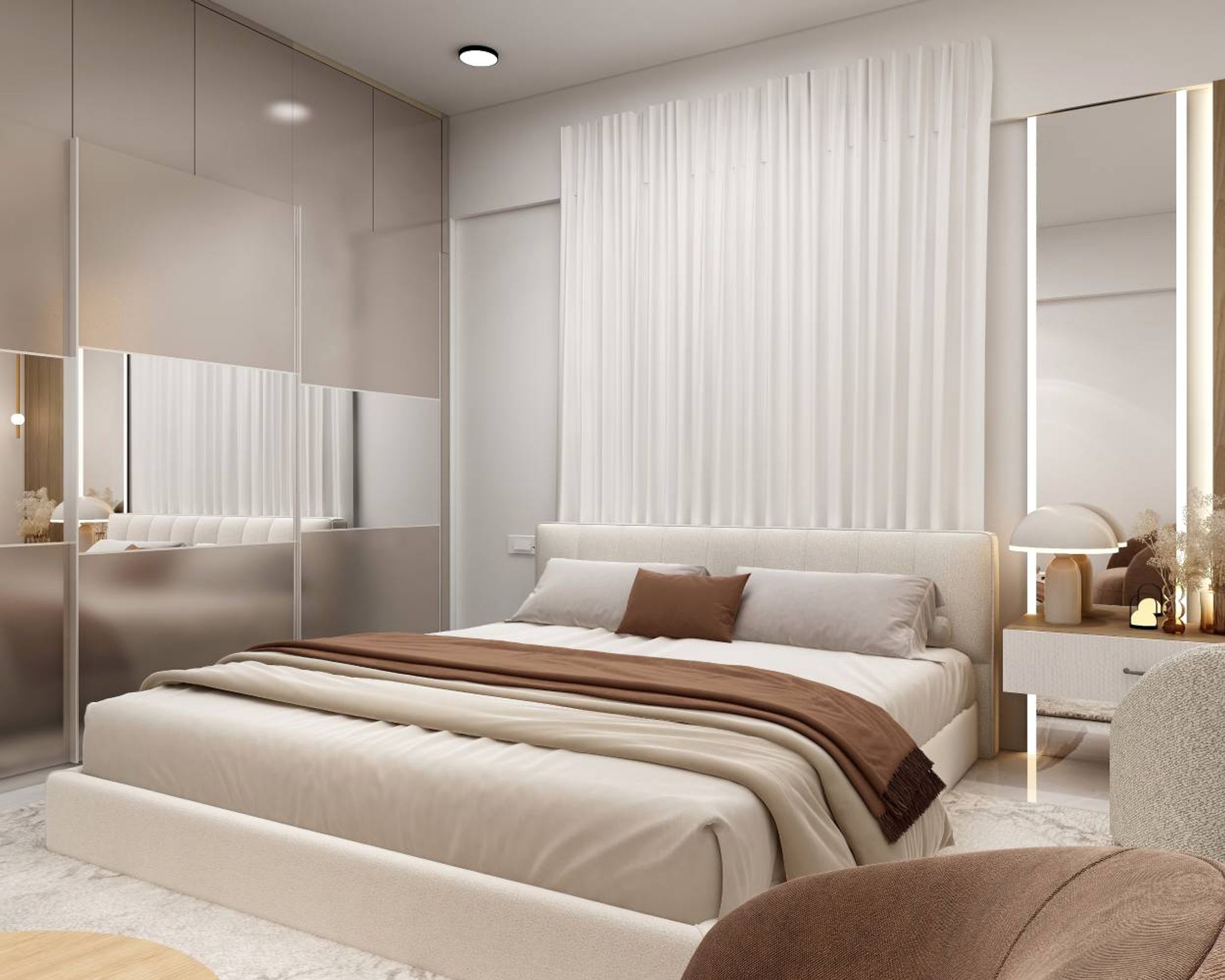 Contemporary Master Bedroom Design with Mirrored Wardrobe Wall and ...